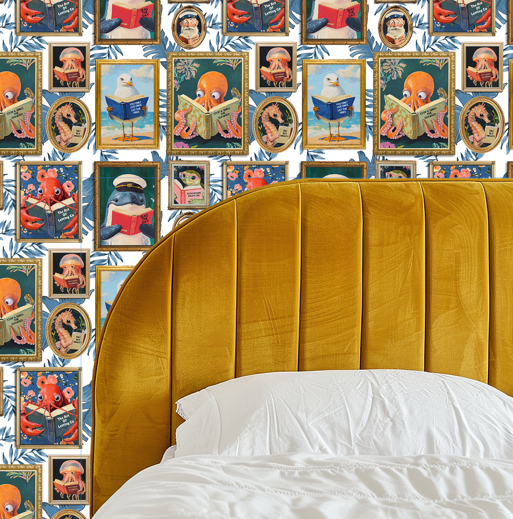 Whimsical Animals Reading Wallpaper - Coastal Beach House Version