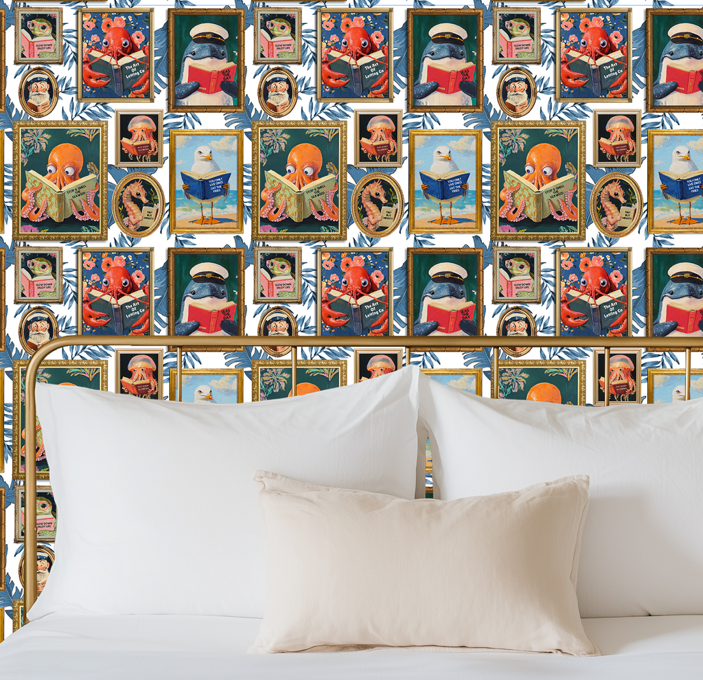 Whimsical Animals Reading Wallpaper - Coastal Beach House Version