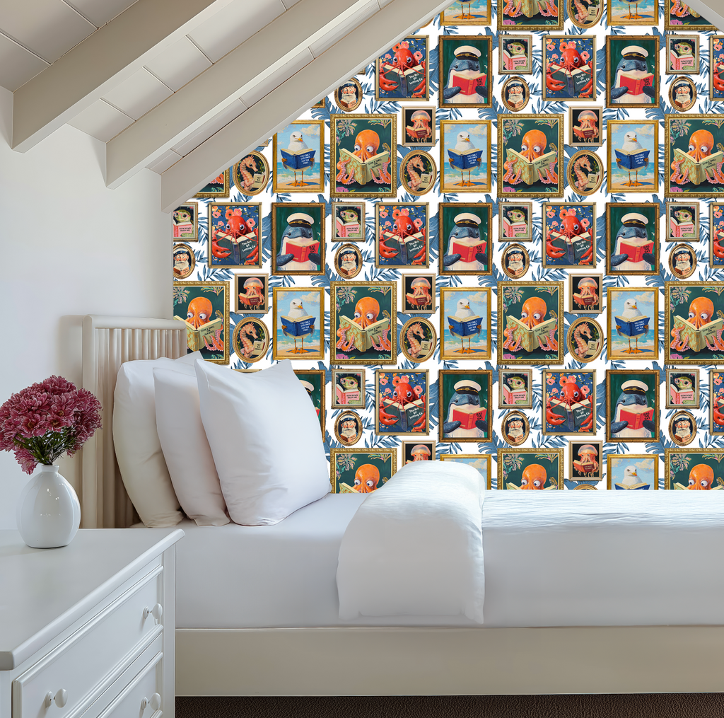 Whimsical Animals Reading Wallpaper - Coastal Beach House Version