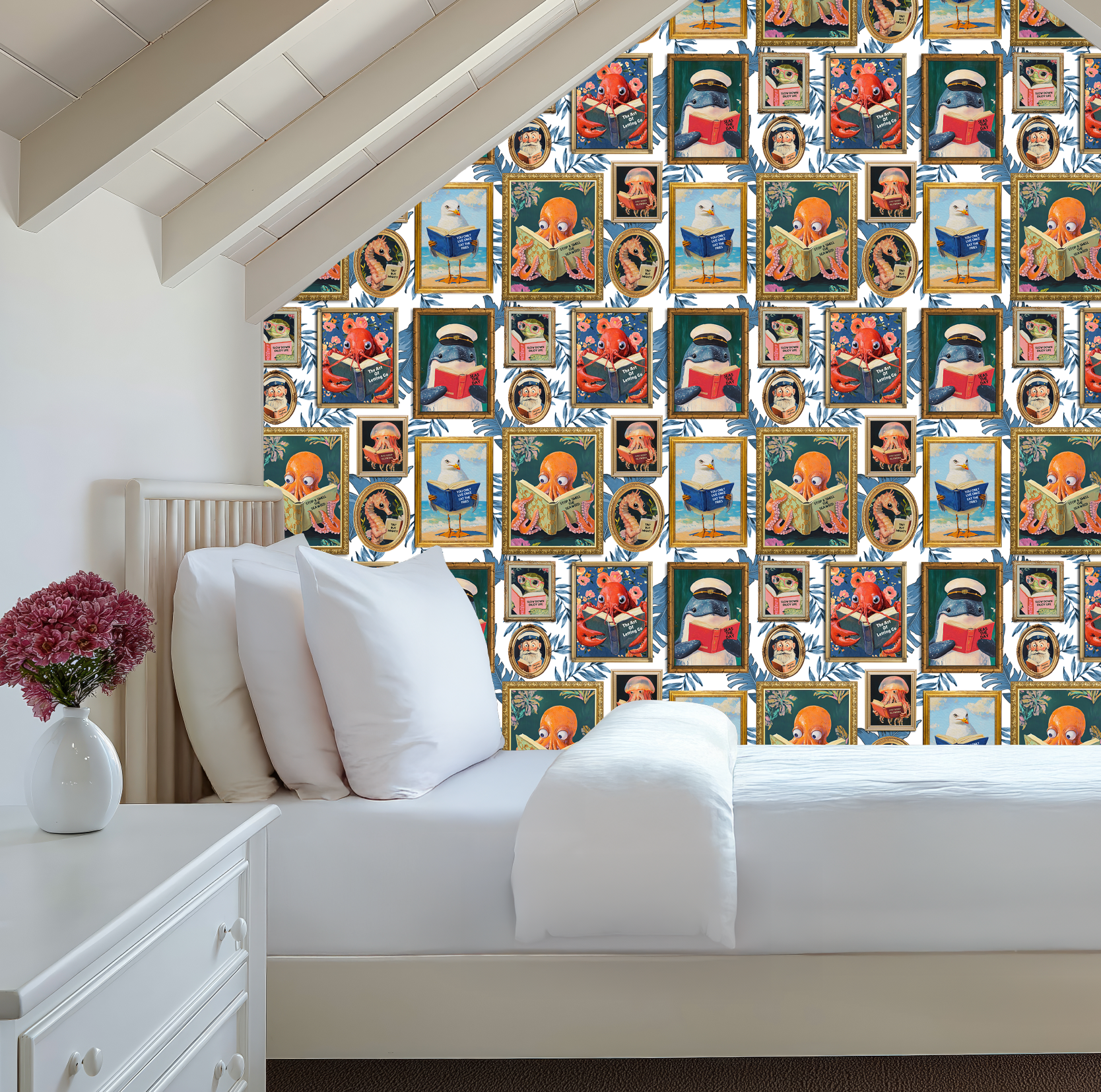 Whimsical Animals Reading Wallpaper - Coastal Beach House Version