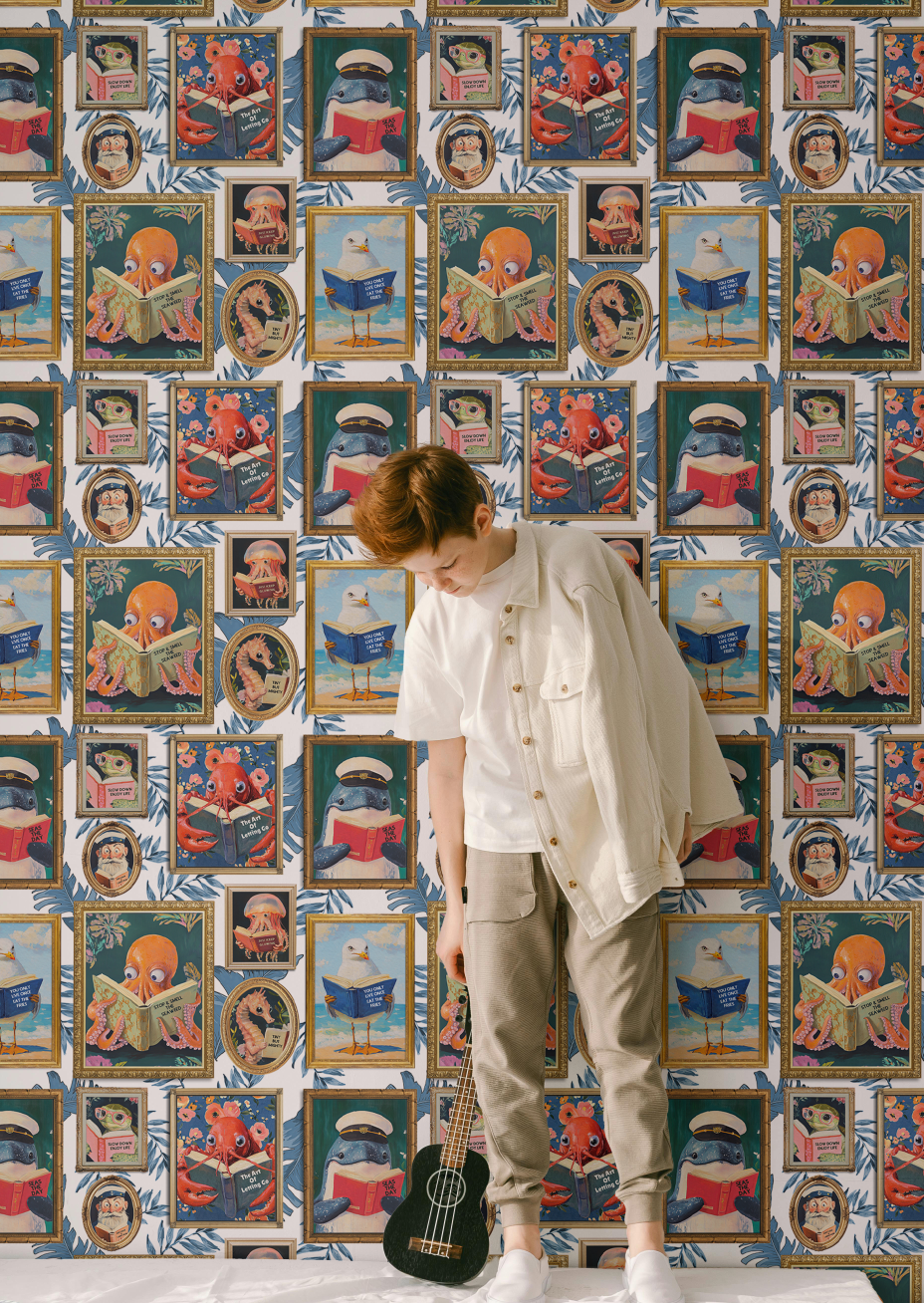 Whimsical Animals Reading Wallpaper - Coastal Beach House Version