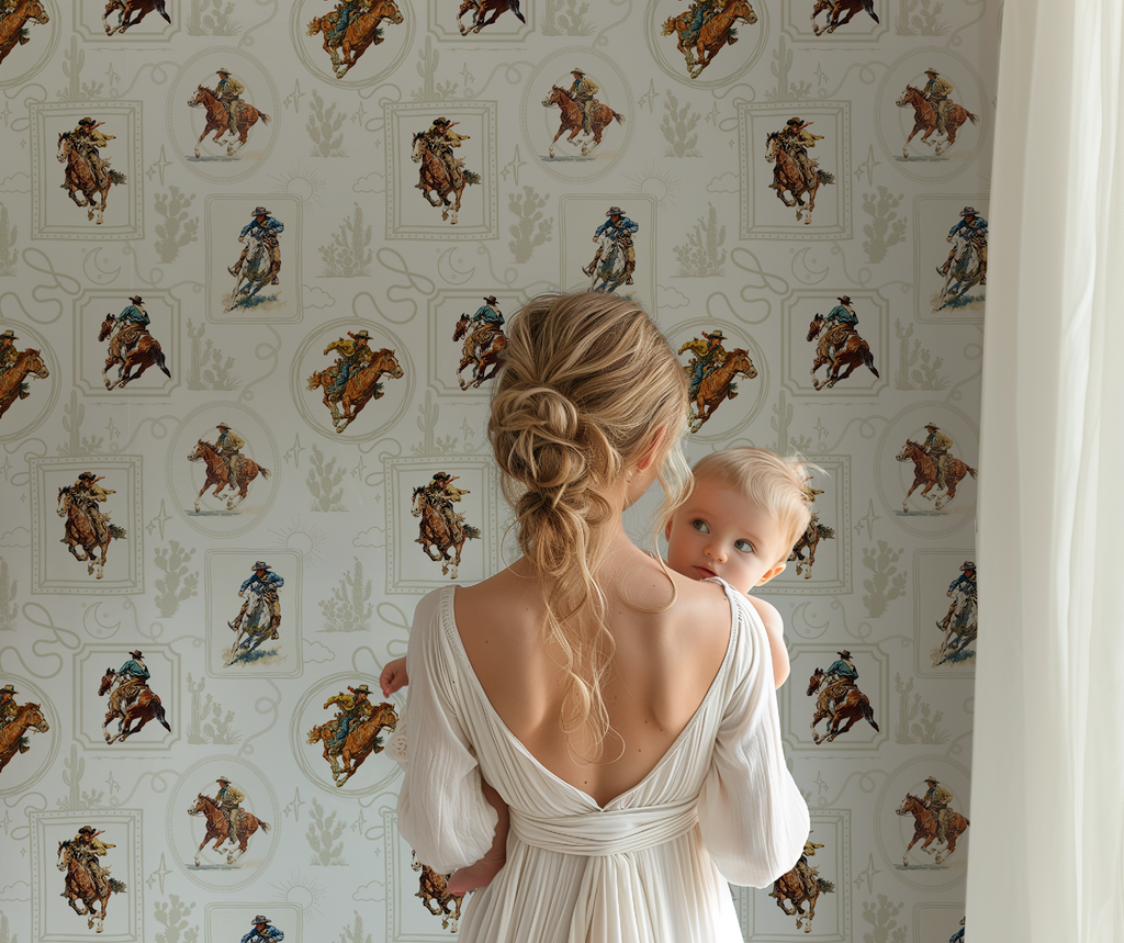 Cowboy Retro Wallpaper Print in White
