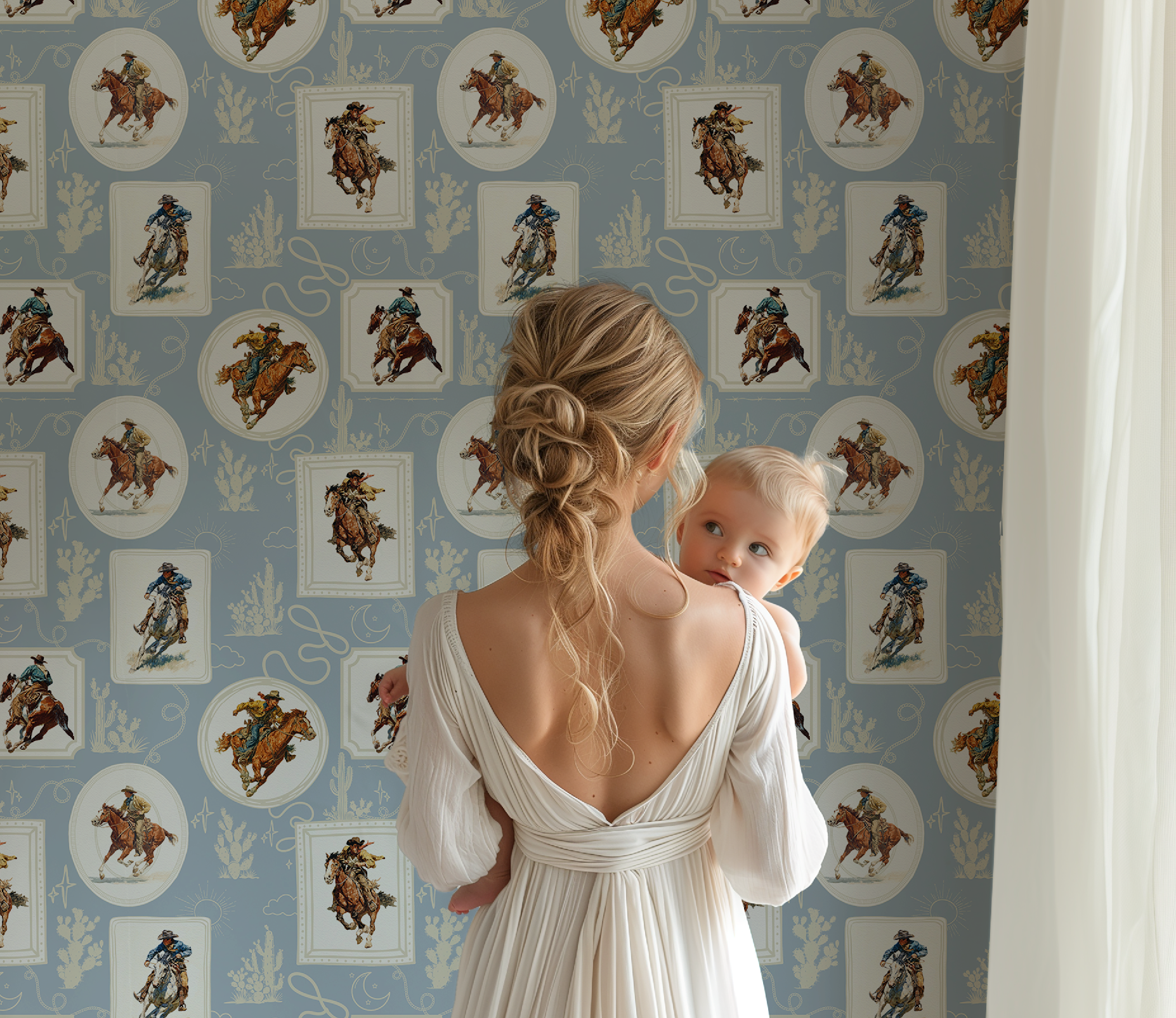 Cowboy Retro Wallpaper Print in Blue