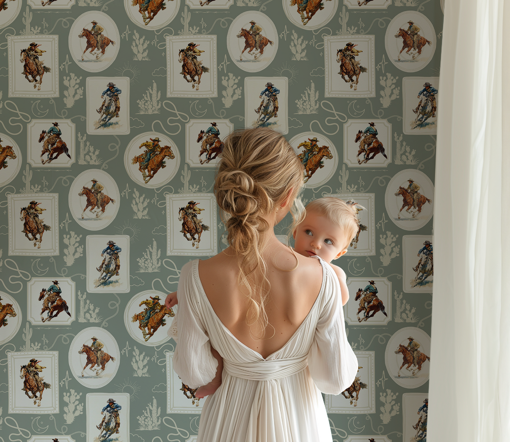 Cowboy Retro Wallpaper Print in Sage Green