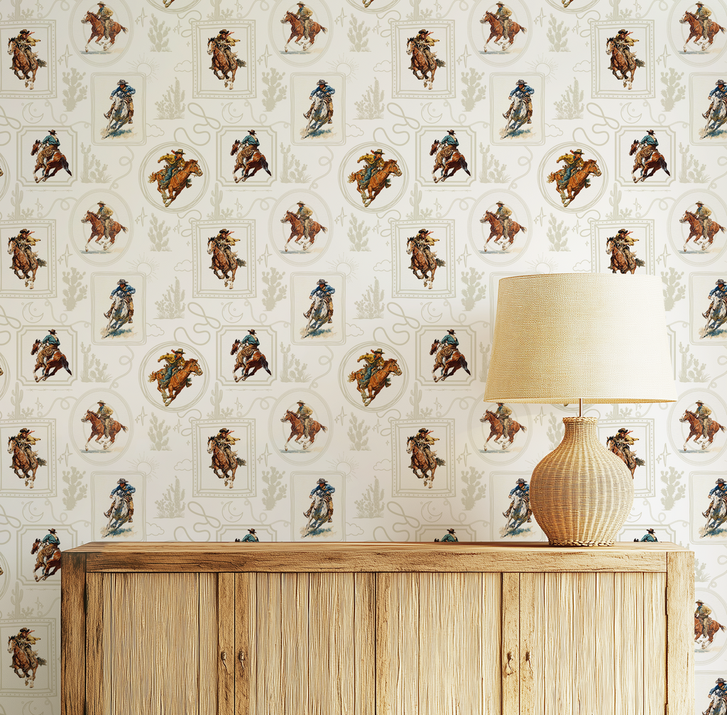 Cowboy Retro Wallpaper Print in White