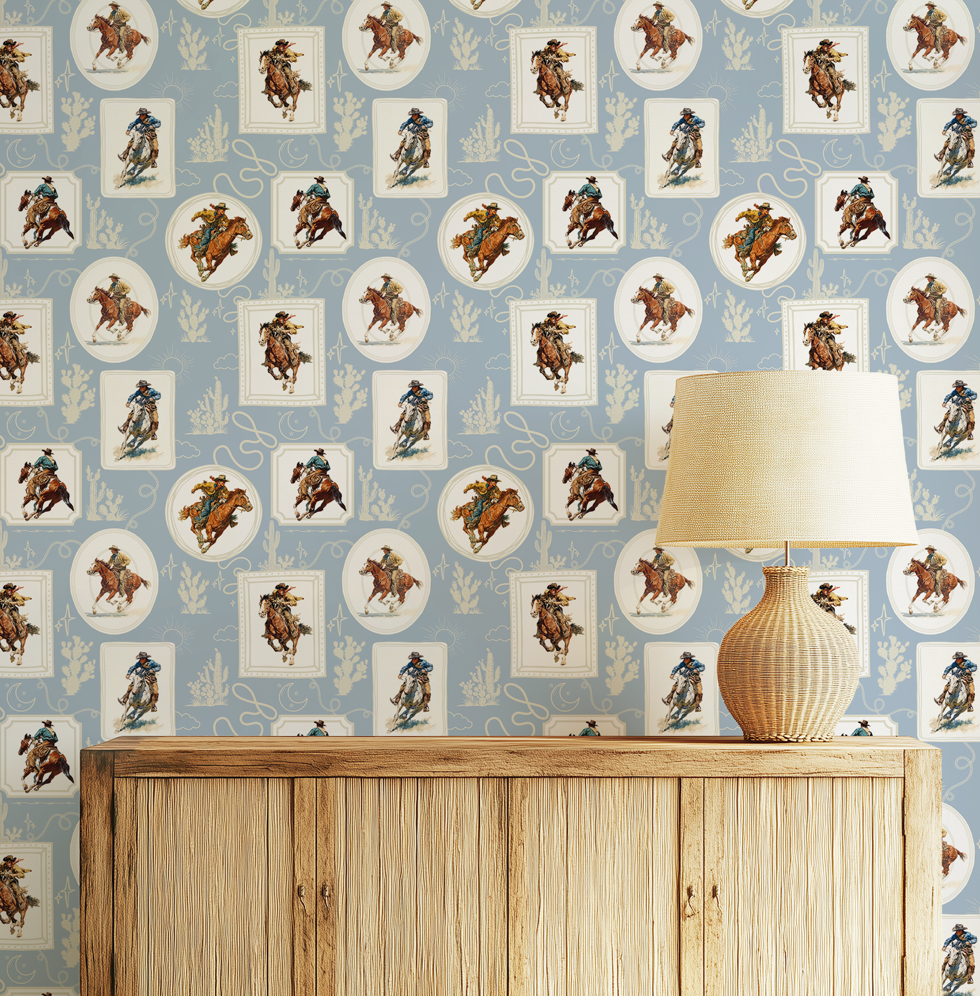 Cowboy Retro Wallpaper Print in Blue