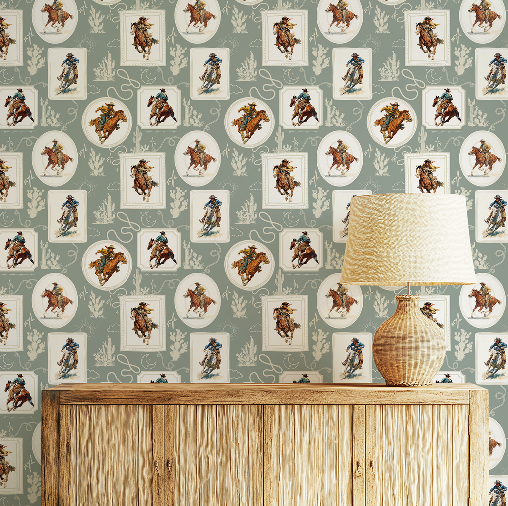 Cowboy Retro Wallpaper Print in Sage Green