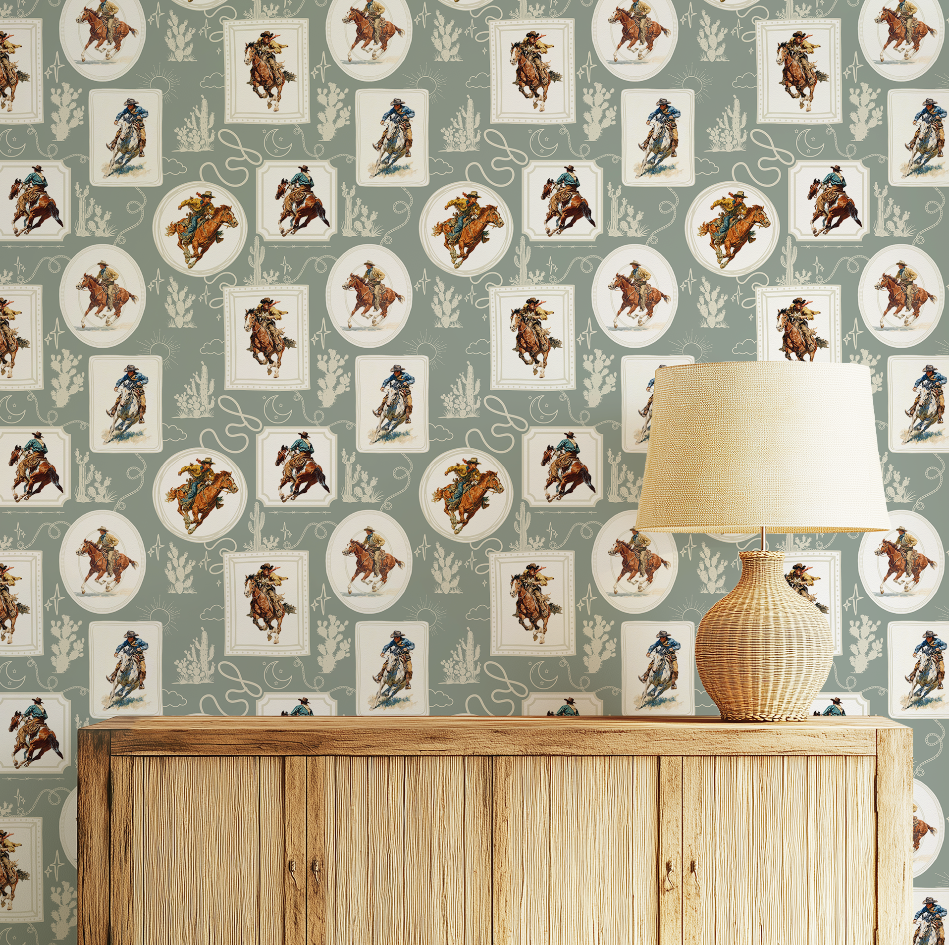 Cowboy Retro Wallpaper Print in Sage Green