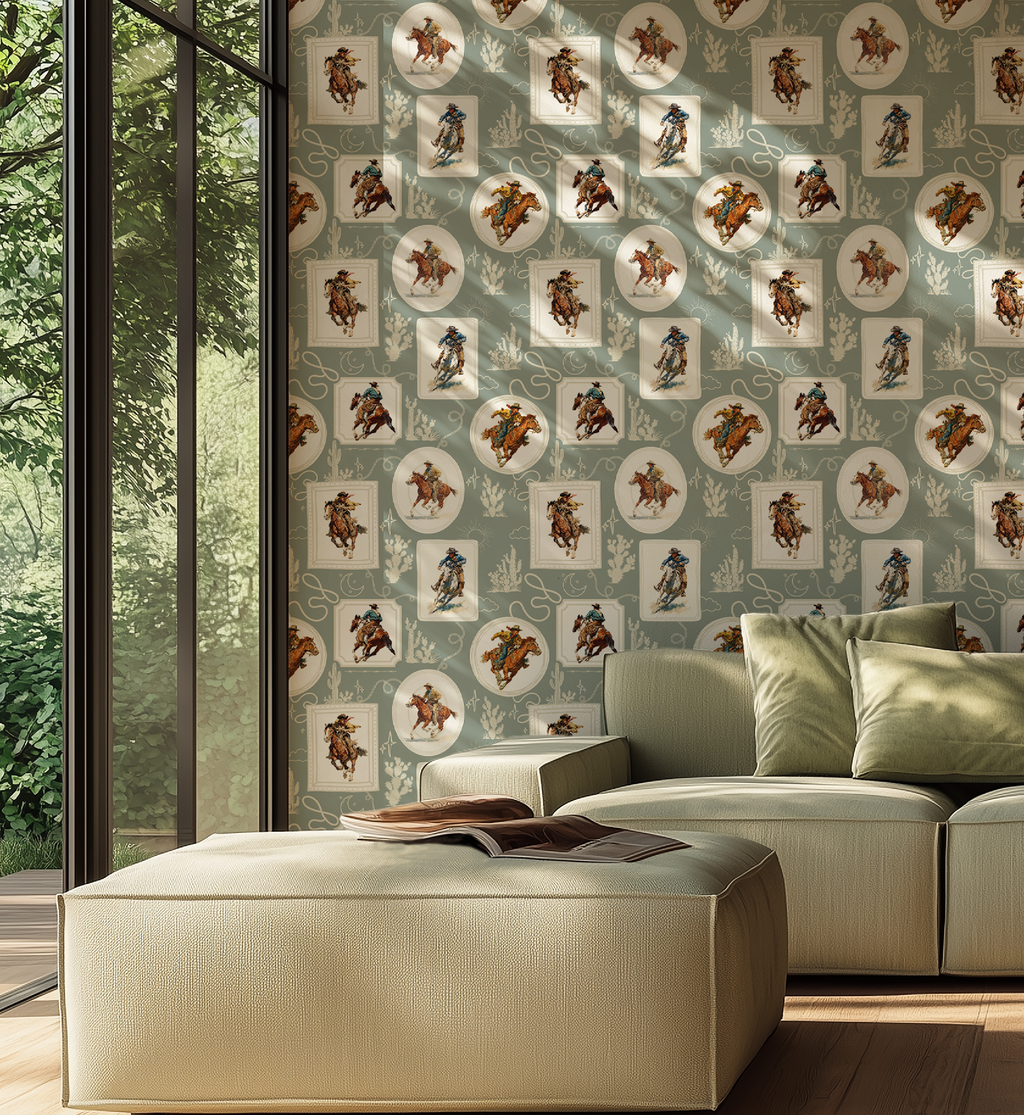 Cowboy Retro Wallpaper Print in Sage Green
