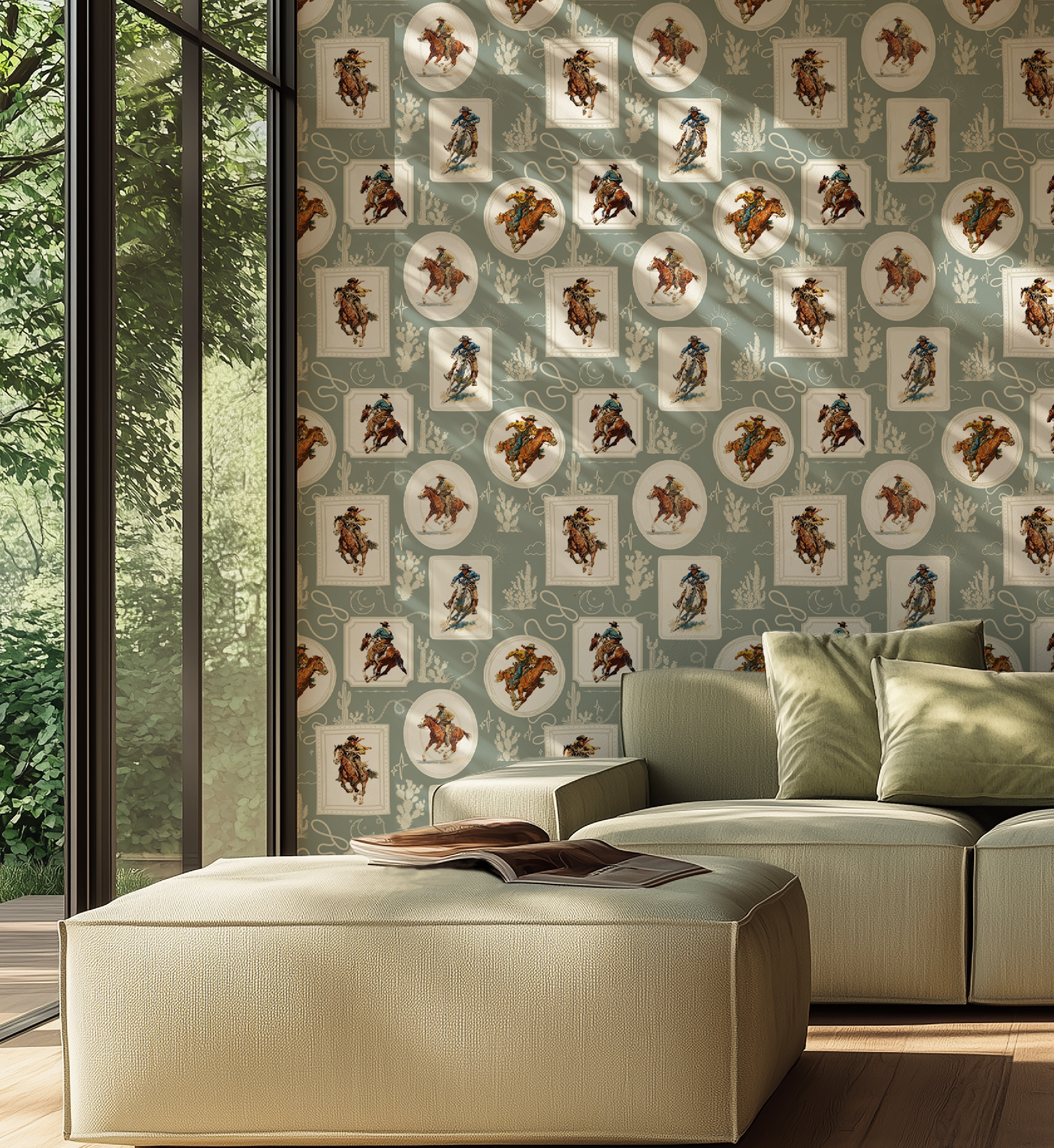 Cowboy Retro Wallpaper Print in Sage Green