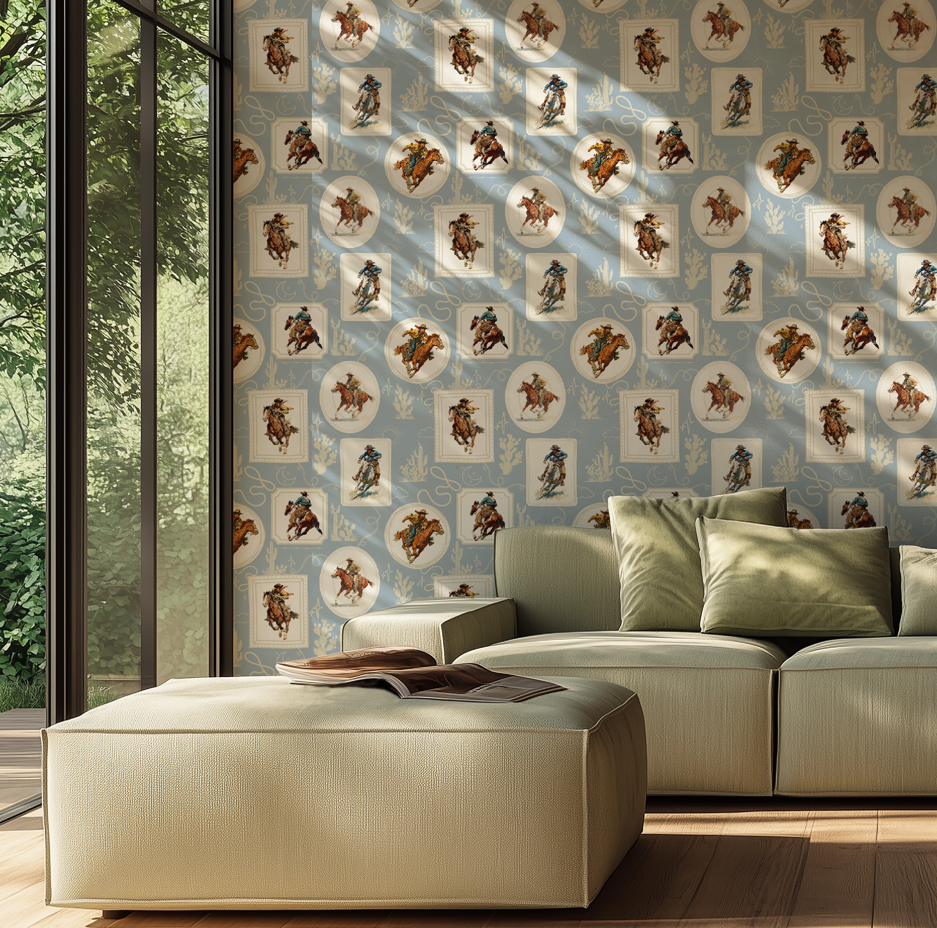 Cowboy Retro Wallpaper Print in Blue
