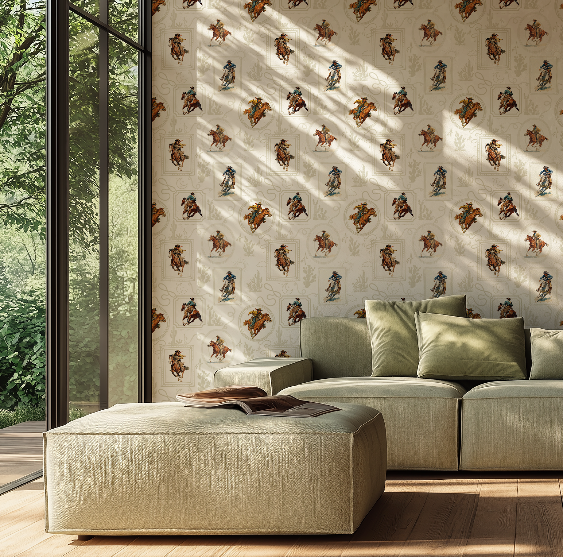 Cowboy Retro Wallpaper Print in White