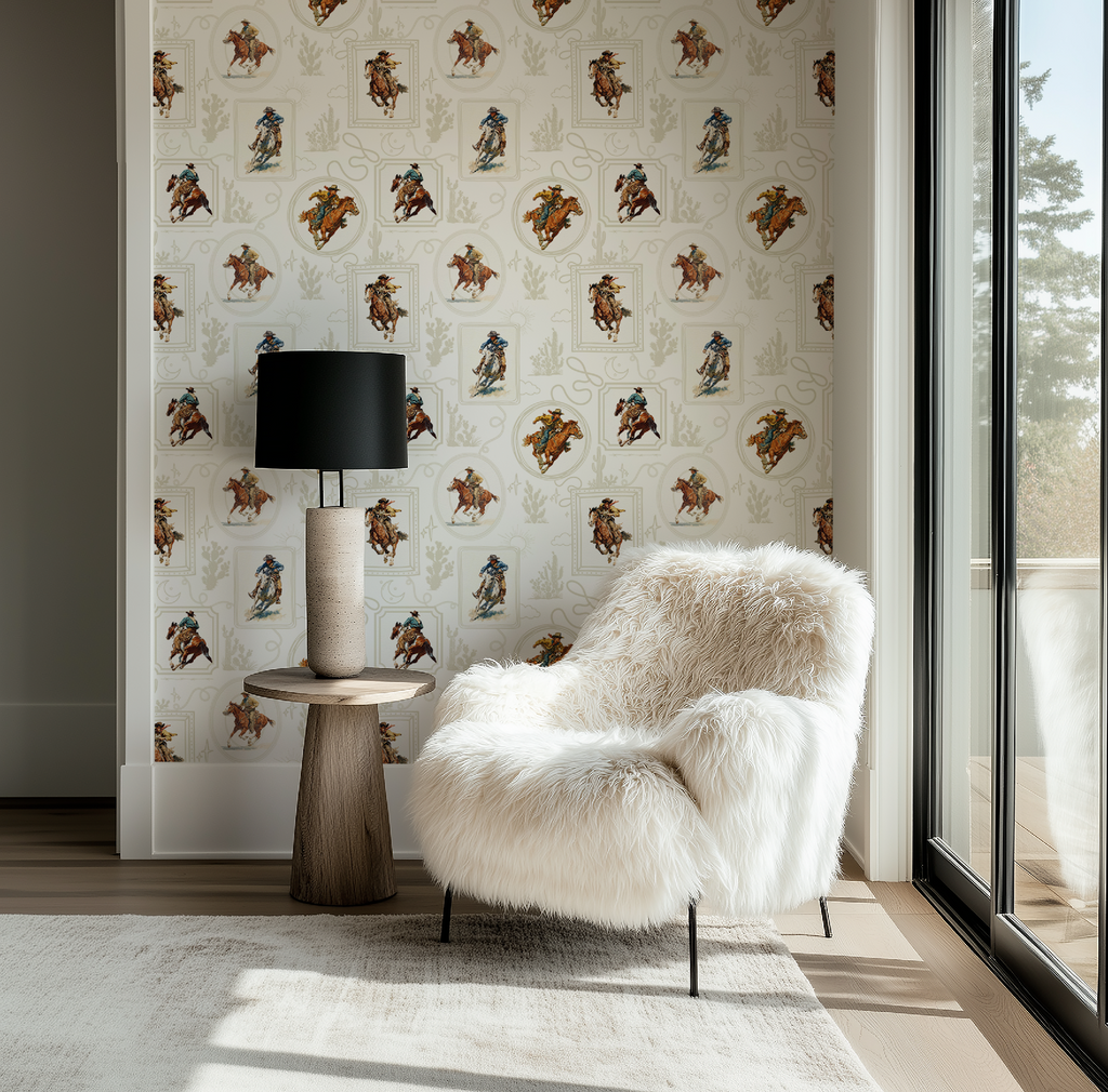 Cowboy Retro Wallpaper Print in White