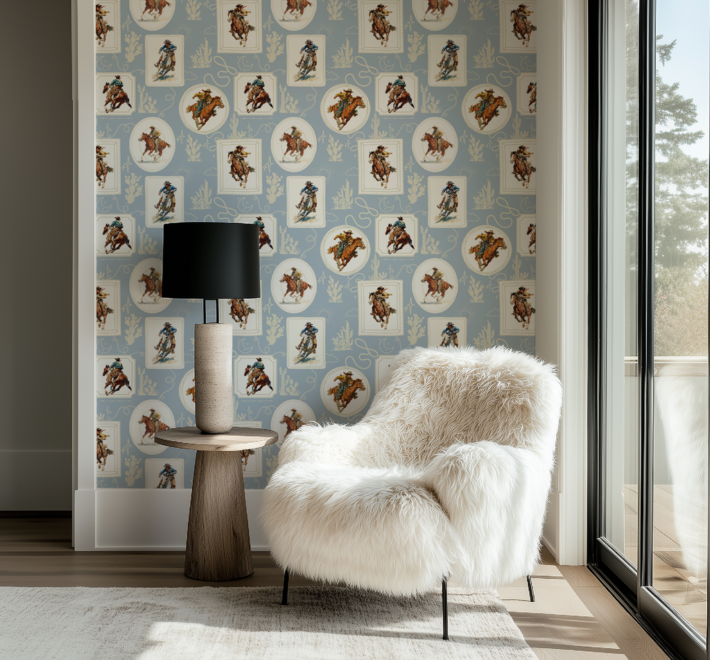 Cowboy Retro Wallpaper Print in Blue