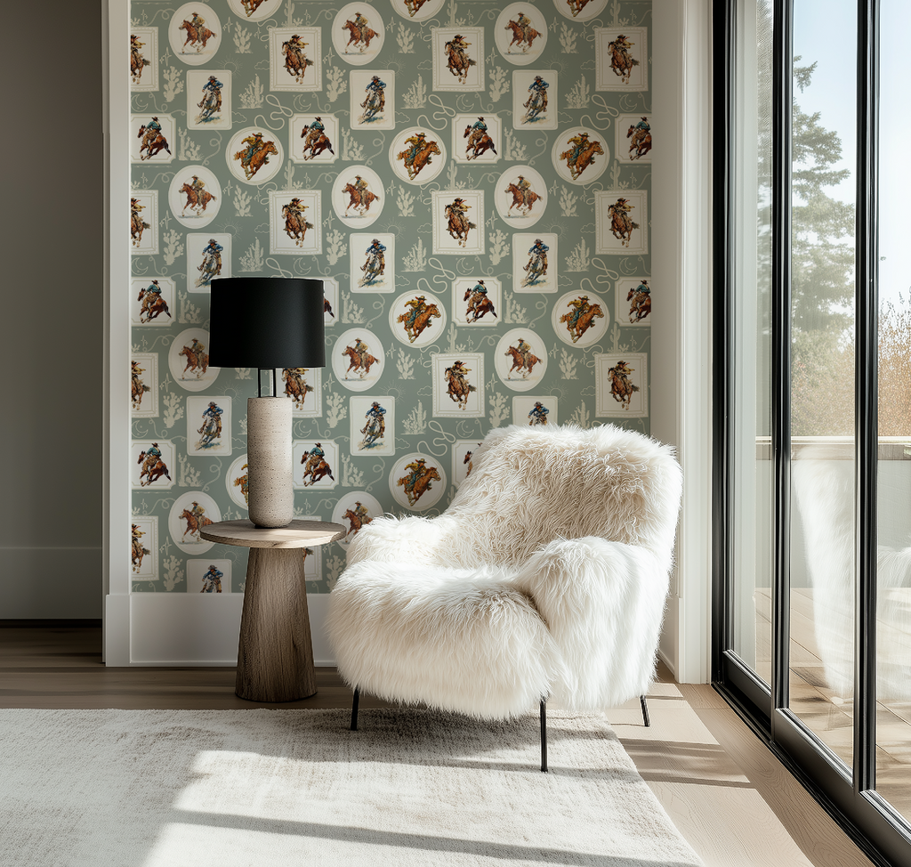 Cowboy Retro Wallpaper Print in Sage Green