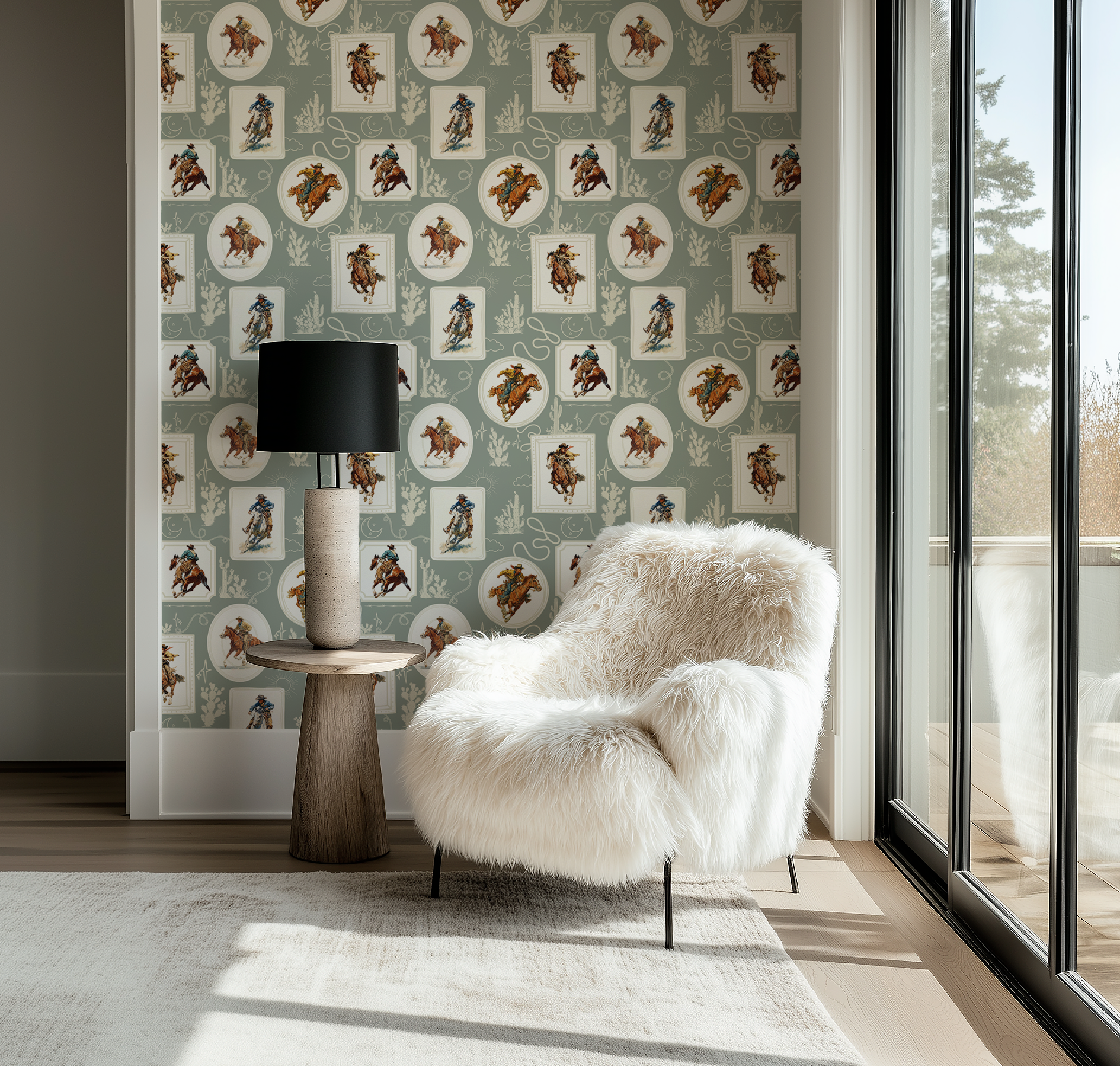 Cowboy Retro Wallpaper Print in Sage Green