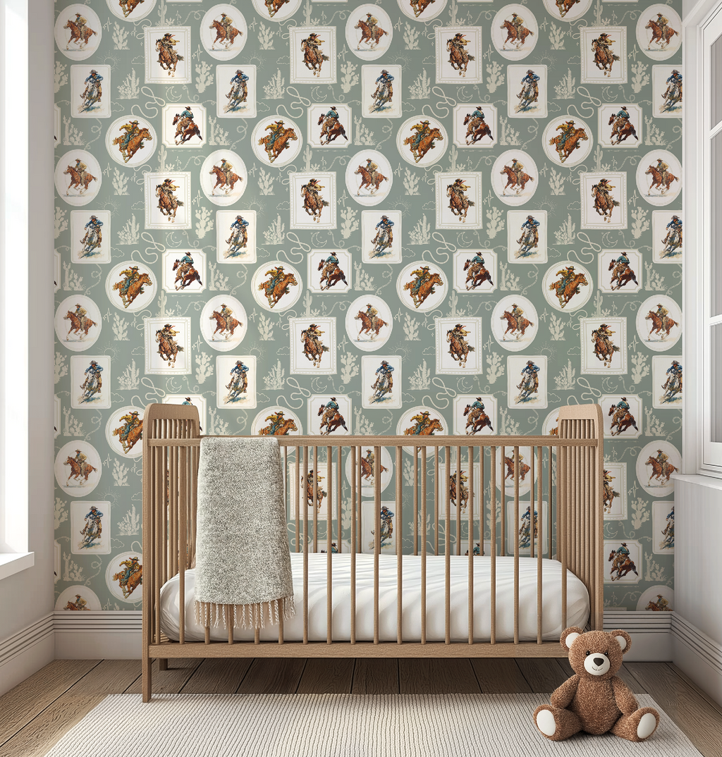 Cowboy Retro Wallpaper Print in Sage Green