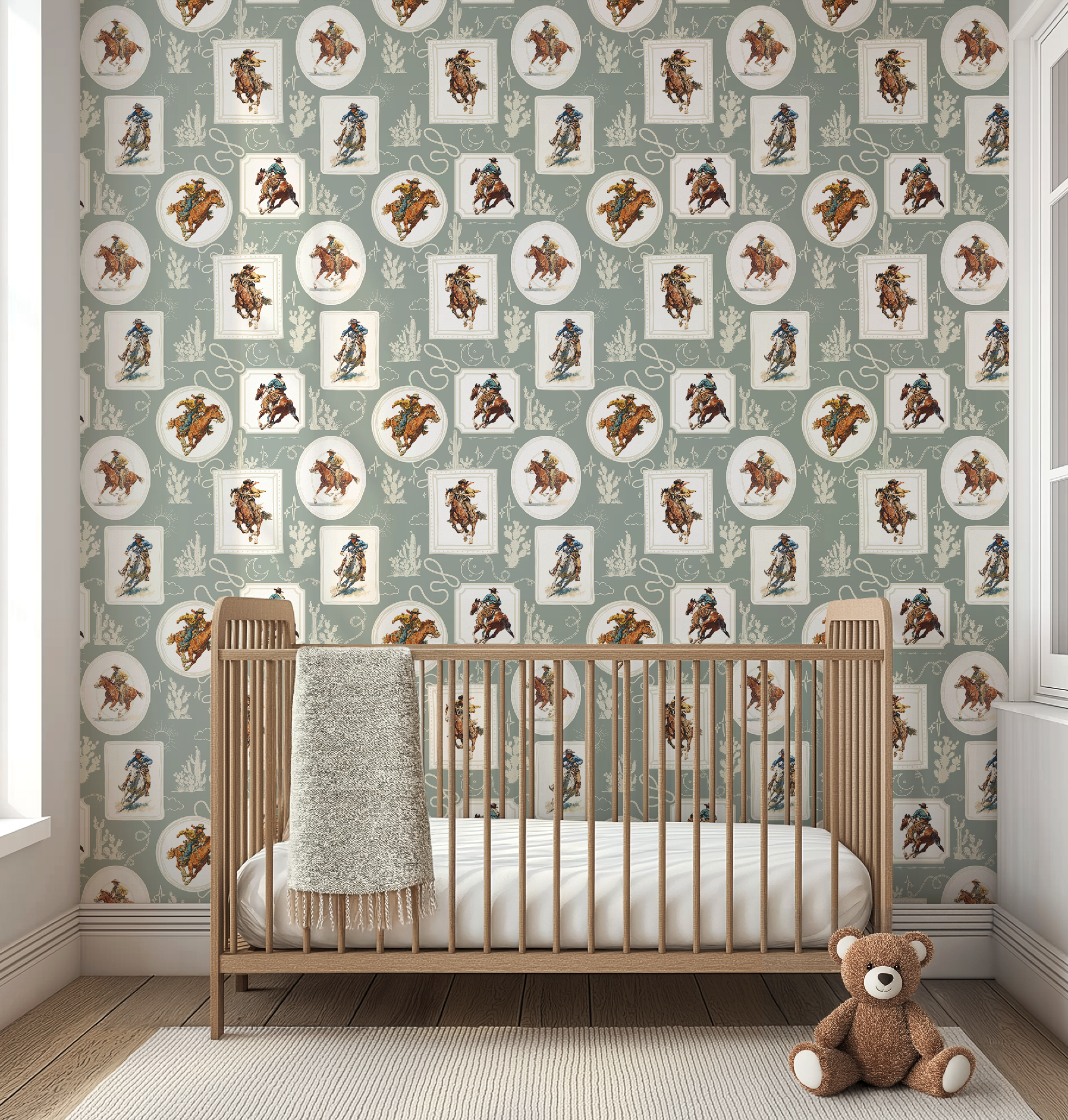 Cowboy Retro Wallpaper Print in Sage Green