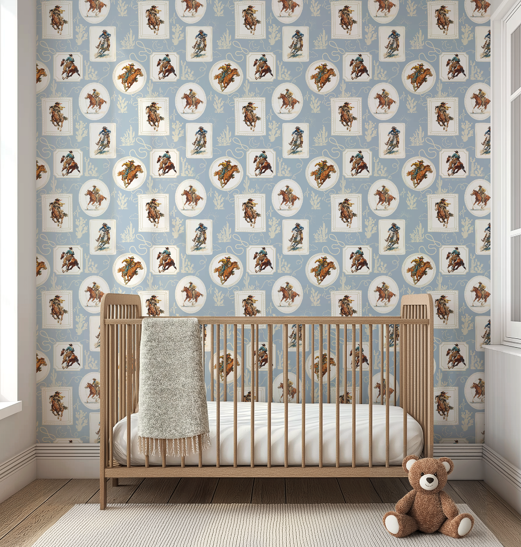 Cowboy Retro Wallpaper Print in Blue