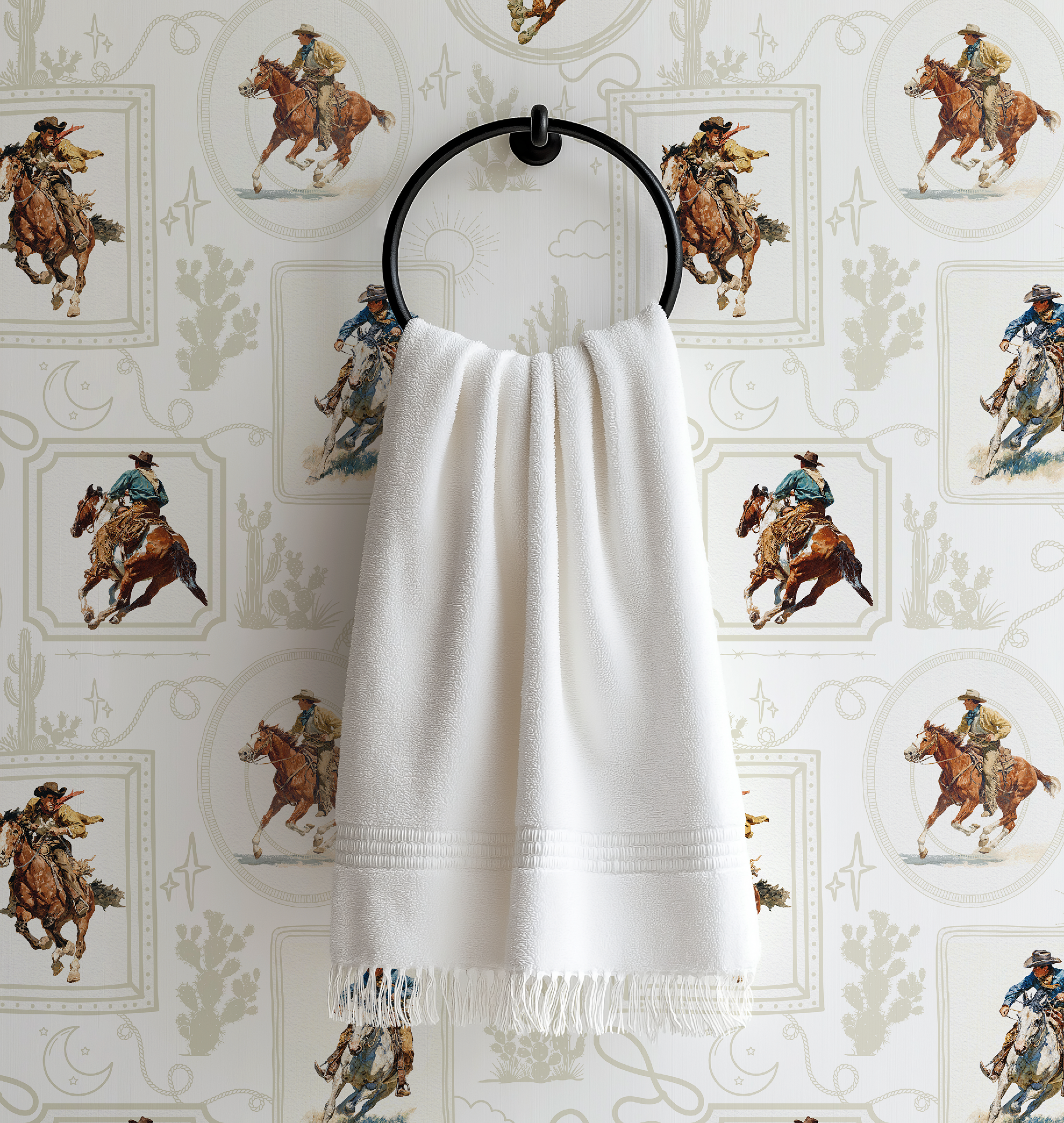Cowboy Retro Wallpaper Print in White