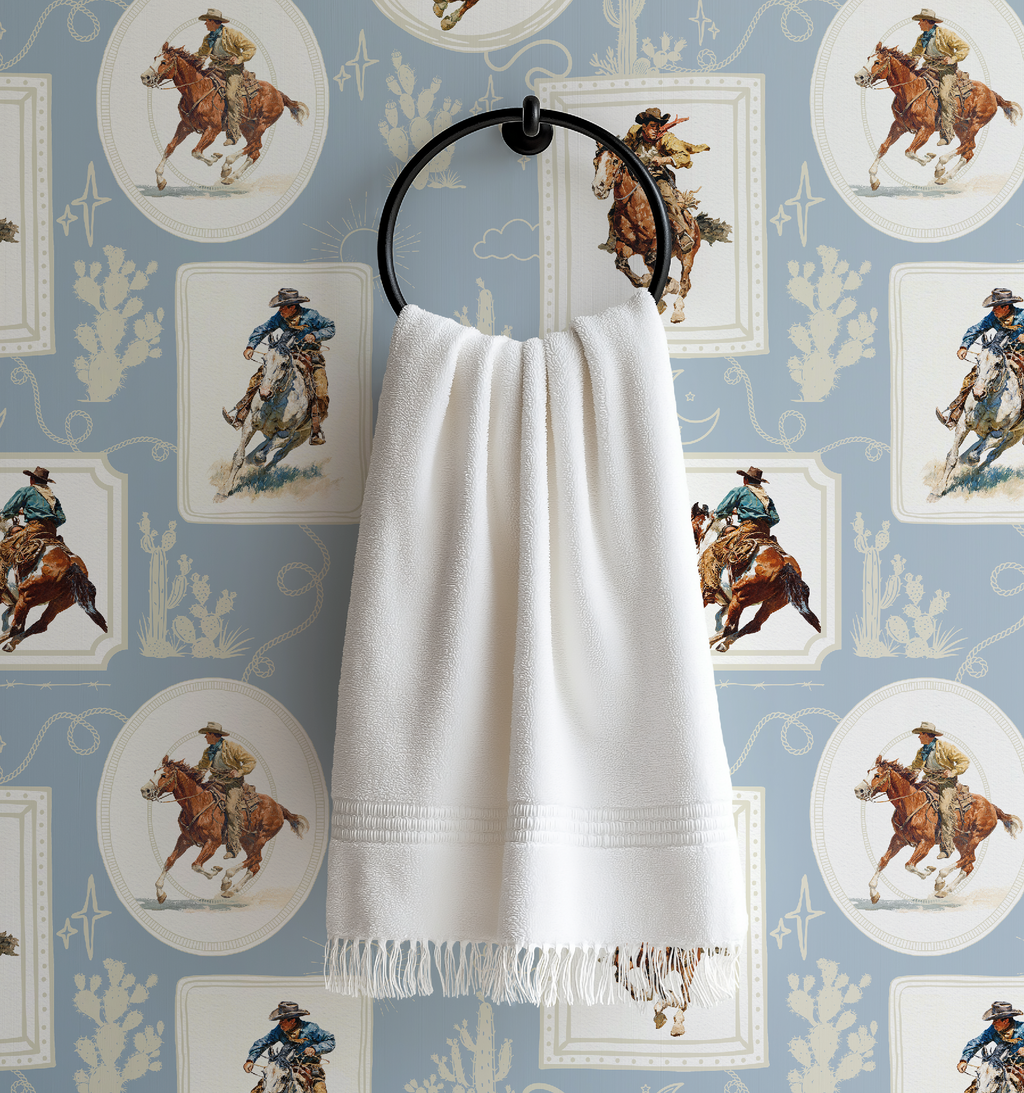 Cowboy Retro Wallpaper Print in Blue