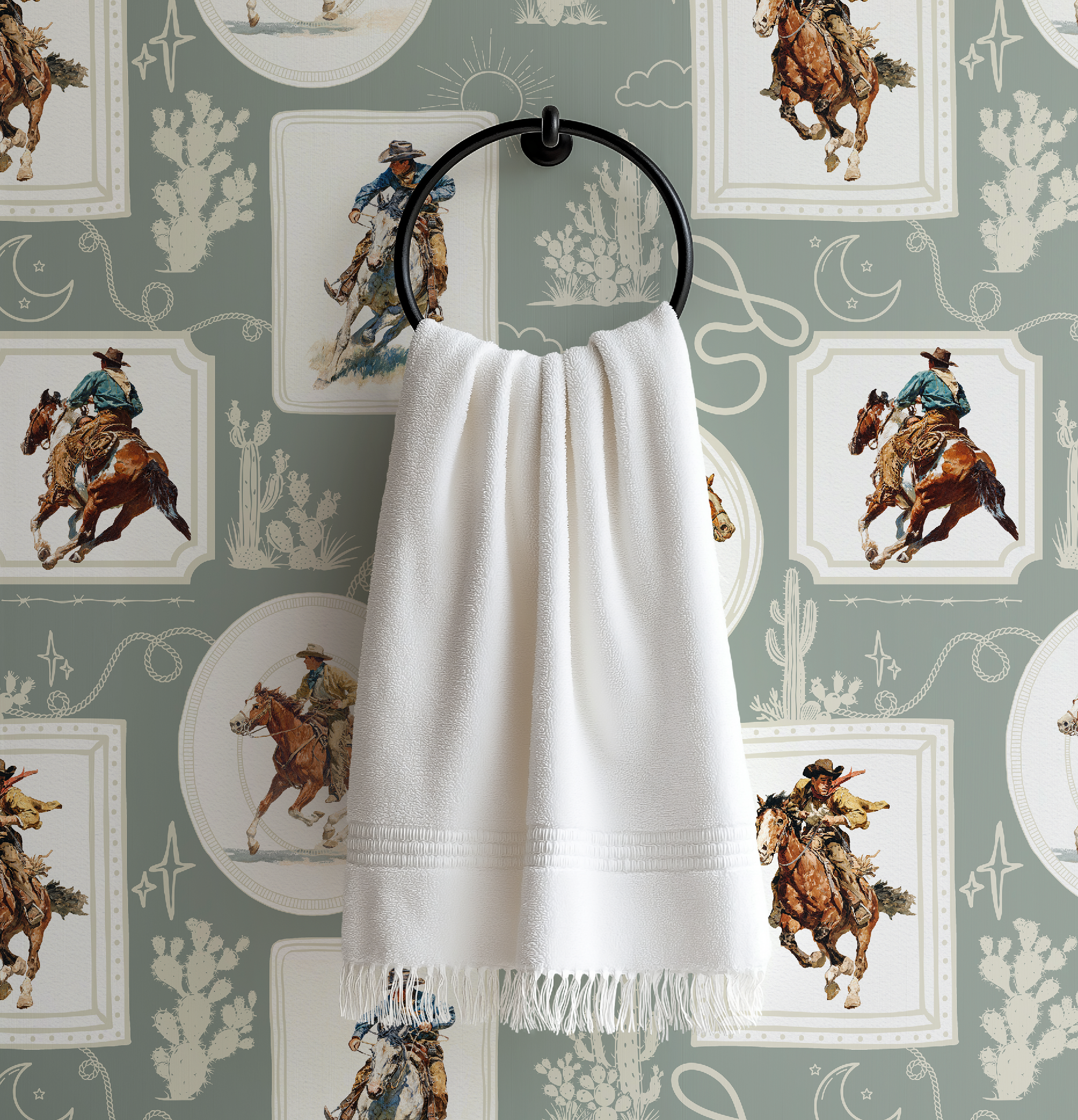 Cowboy Retro Wallpaper Print in Sage Green
