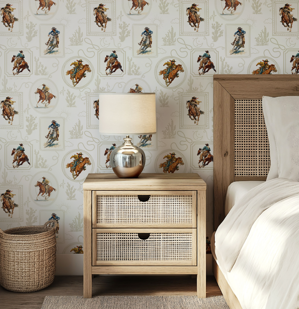 Cowboy Retro Wallpaper Print in White
