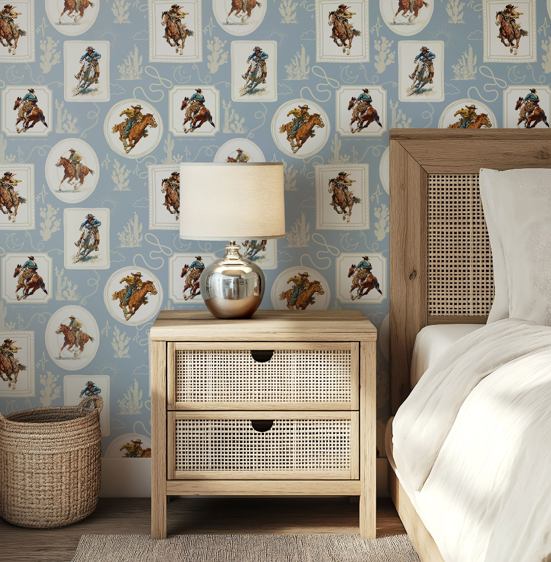 Cowboy Retro Wallpaper Print in Blue