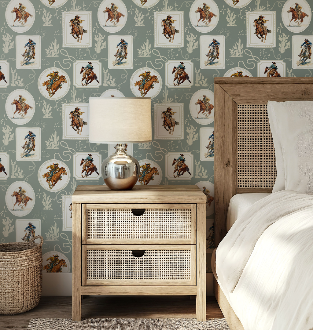 Cowboy Retro Wallpaper Print in Sage Green
