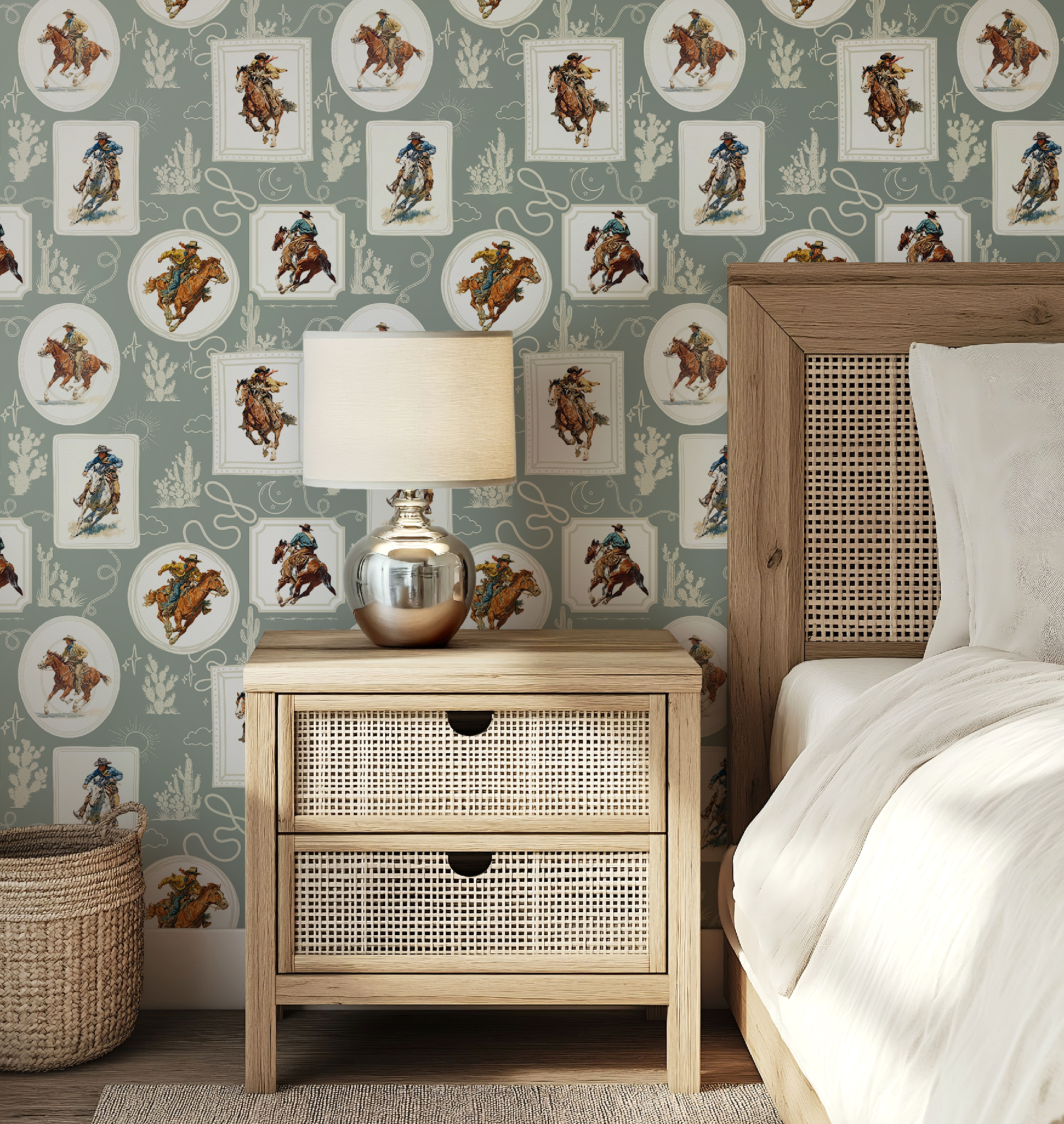Cowboy Retro Wallpaper Print in Sage Green