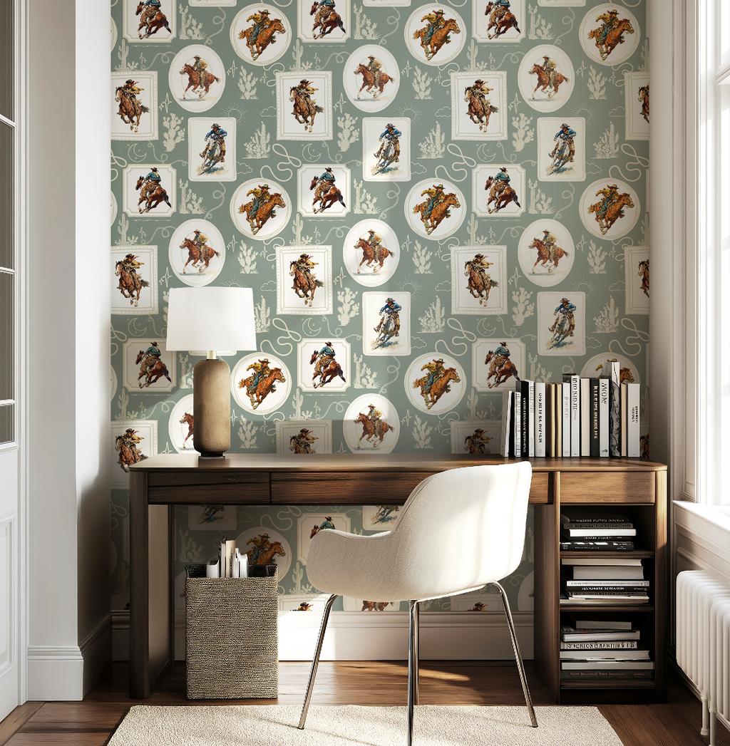Cowboy Retro Wallpaper Print in Sage Green