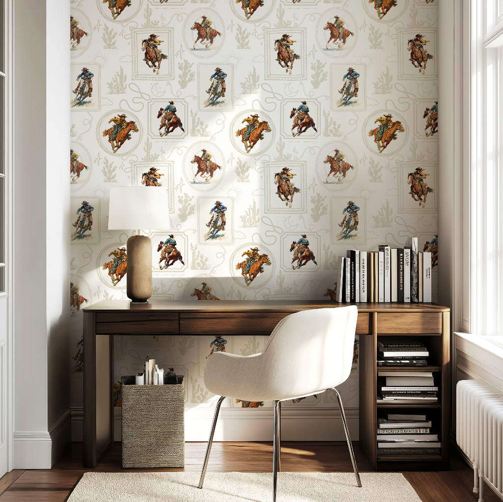 Cowboy Retro Wallpaper Print in White