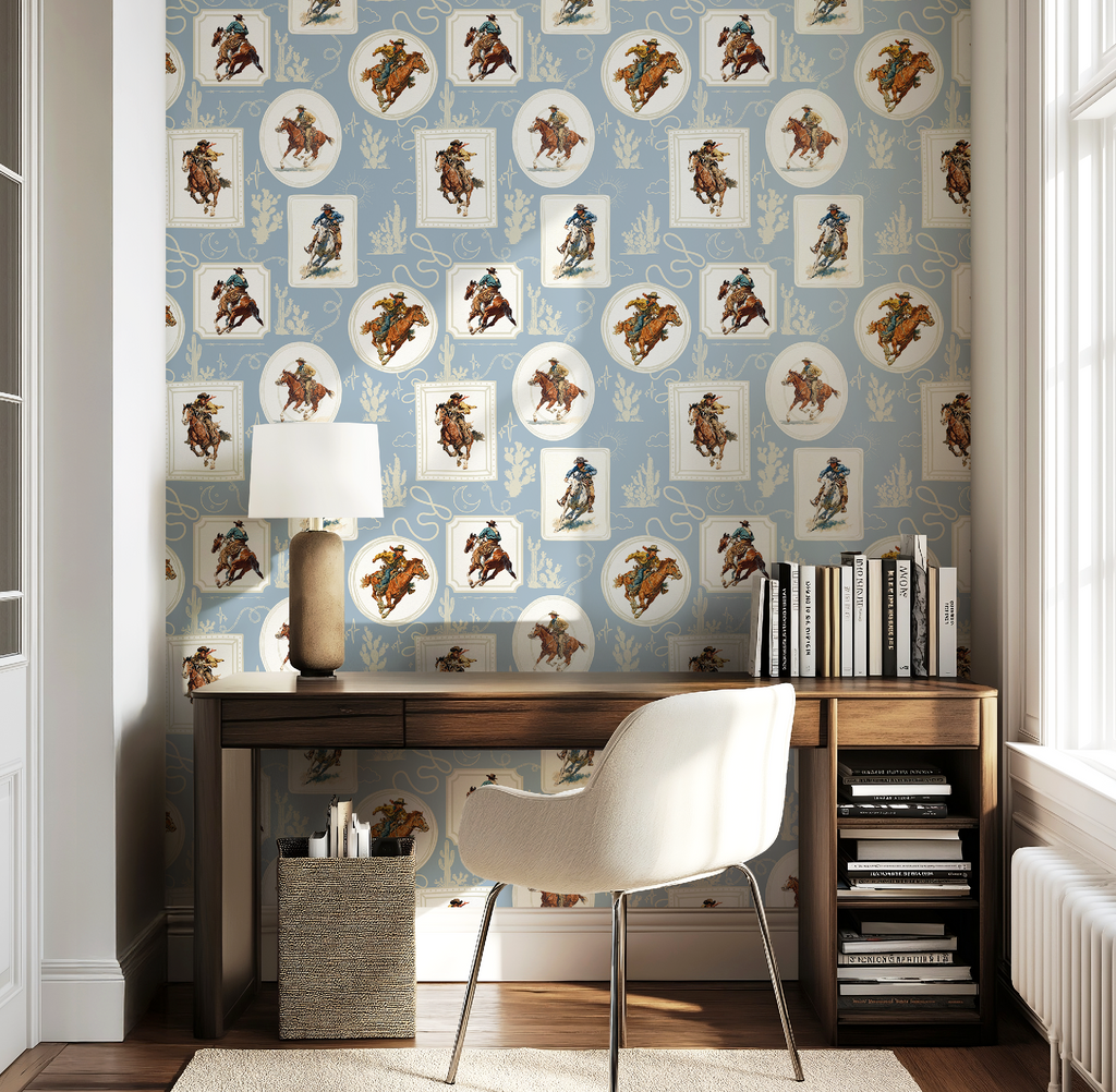 Cowboy Retro Wallpaper Print in Blue