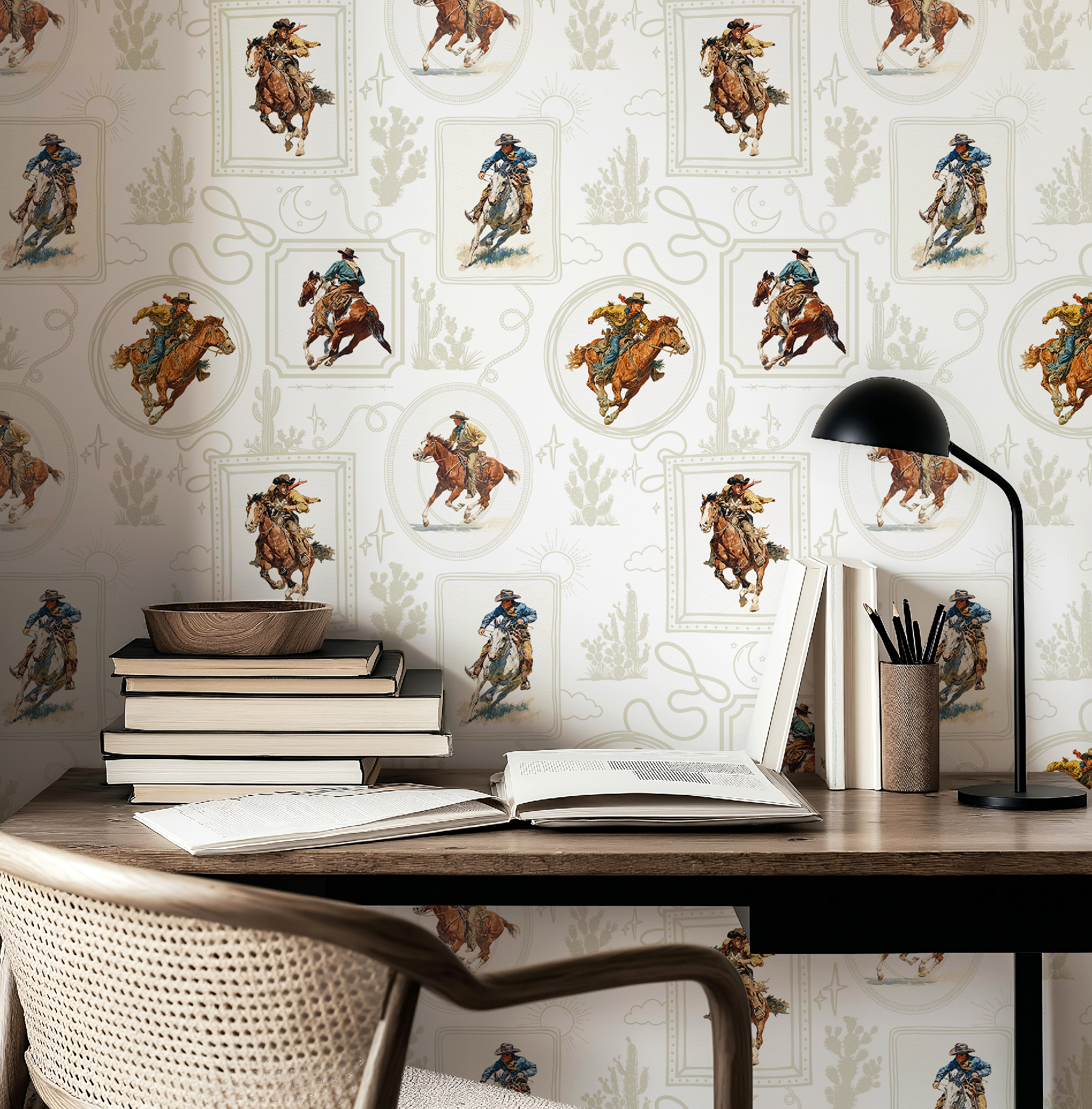 Cowboy Retro Wallpaper Print in White