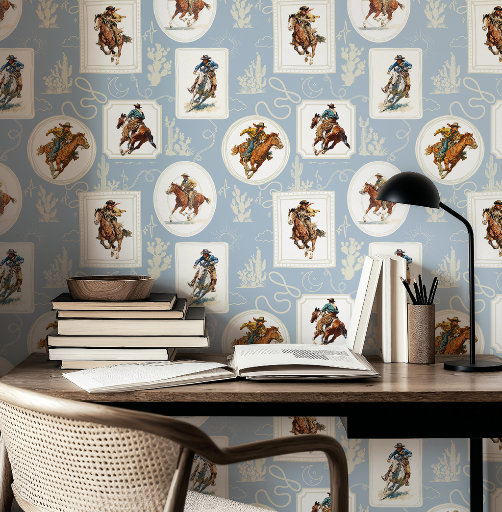 Cowboy Retro Wallpaper Print in Blue