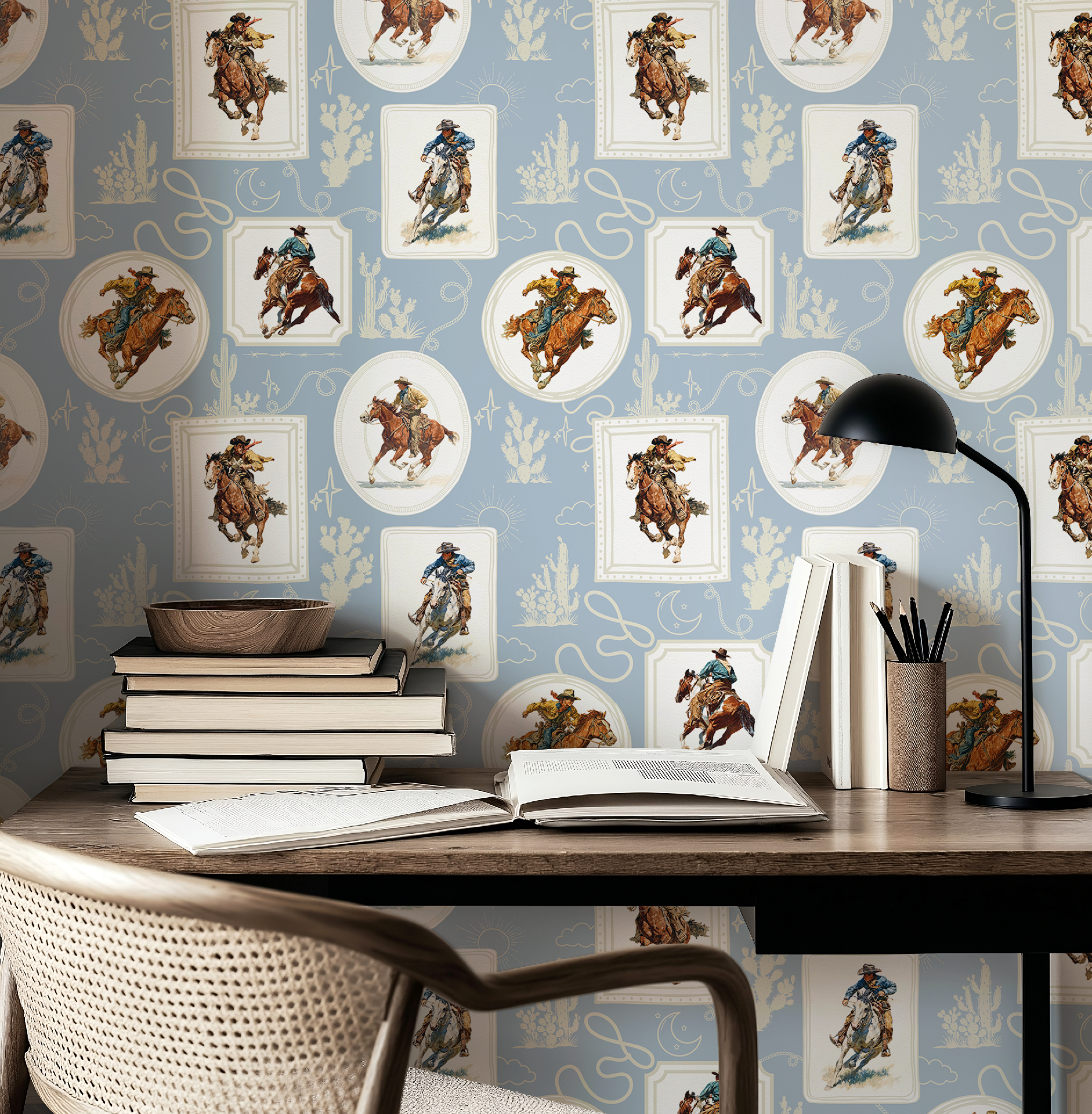 Cowboy Retro Wallpaper Print in Blue