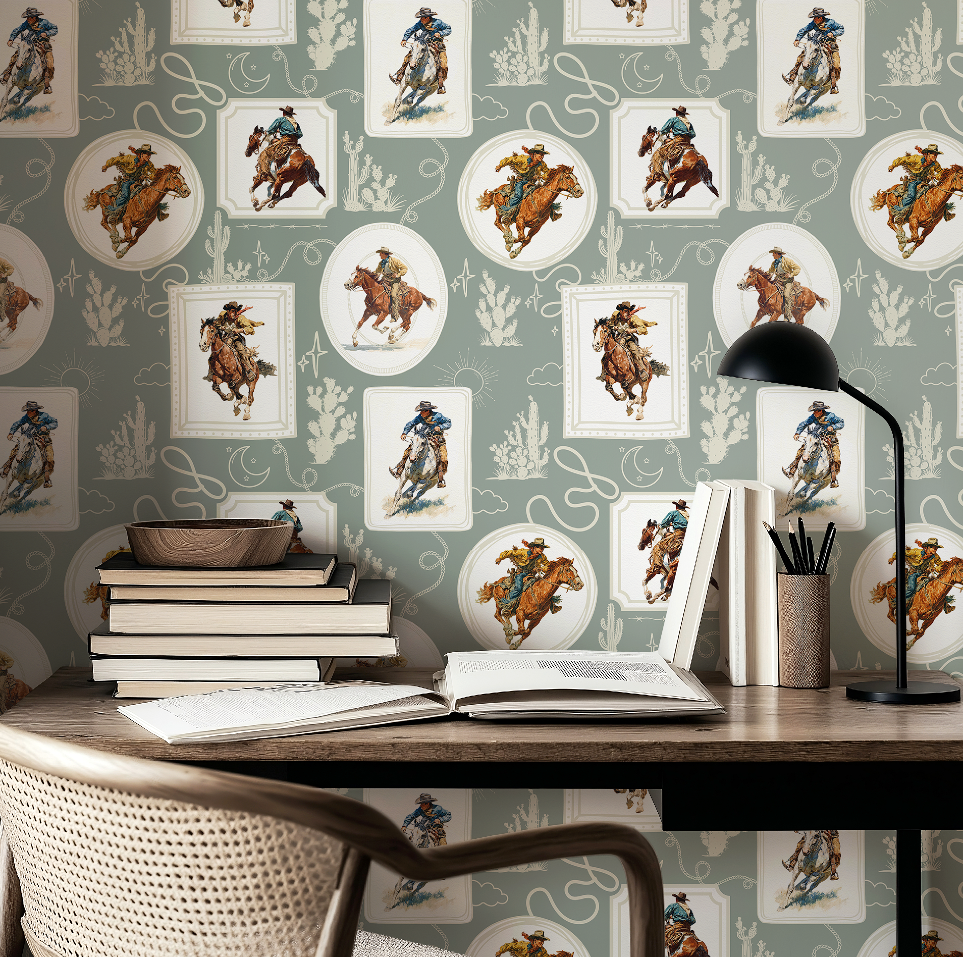Cowboy Retro Wallpaper Print in Sage Green