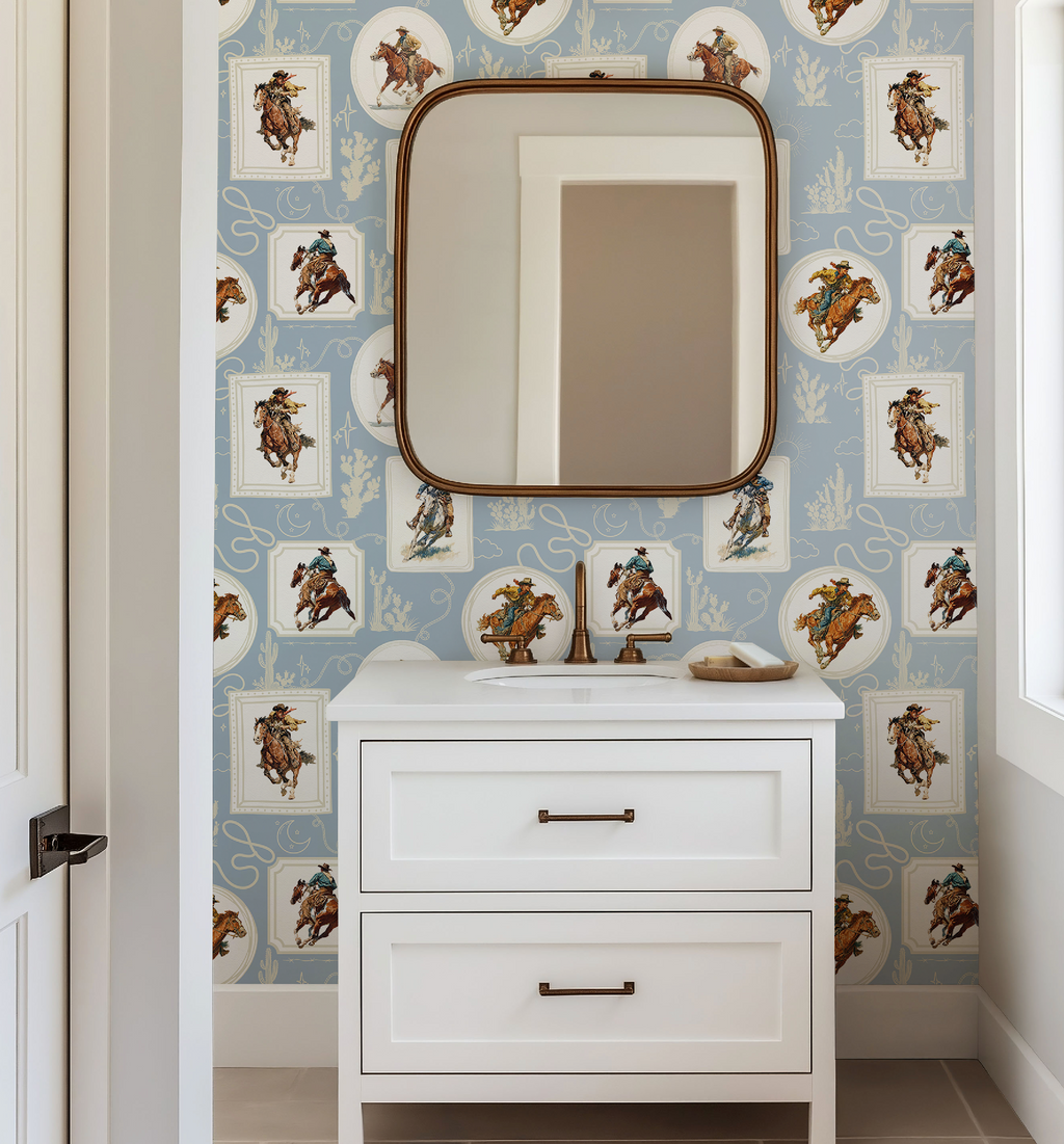 Cowboy Retro Wallpaper Print in Blue
