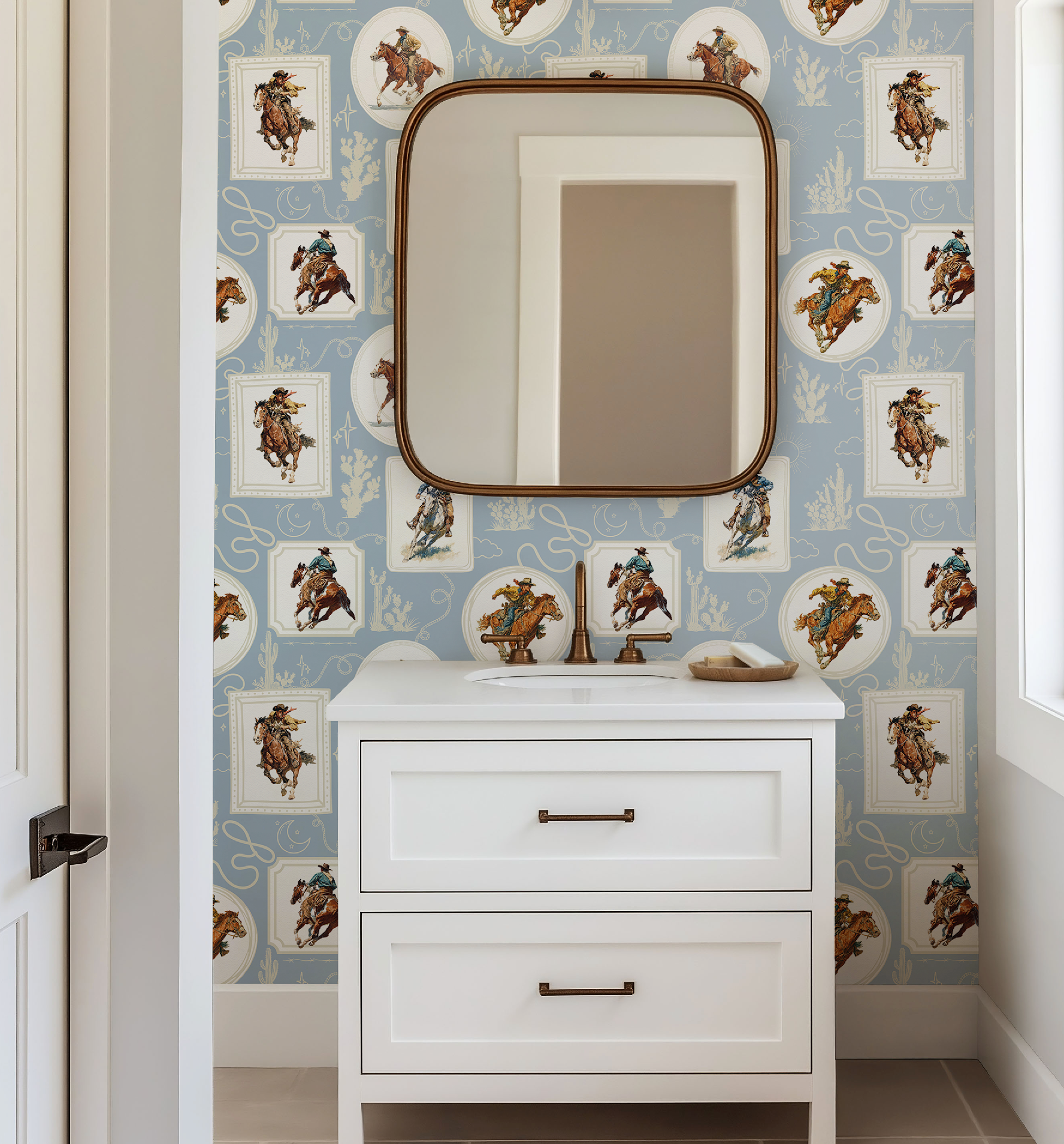 Cowboy Retro Wallpaper Print in Blue
