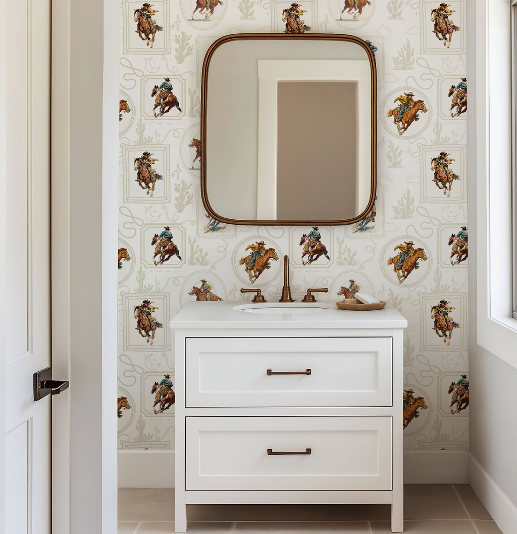 Cowboy Retro Wallpaper Print in White