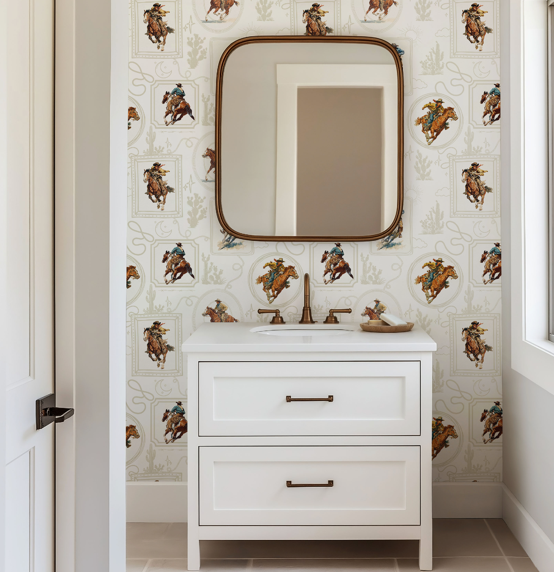 Cowboy Retro Wallpaper Print in White