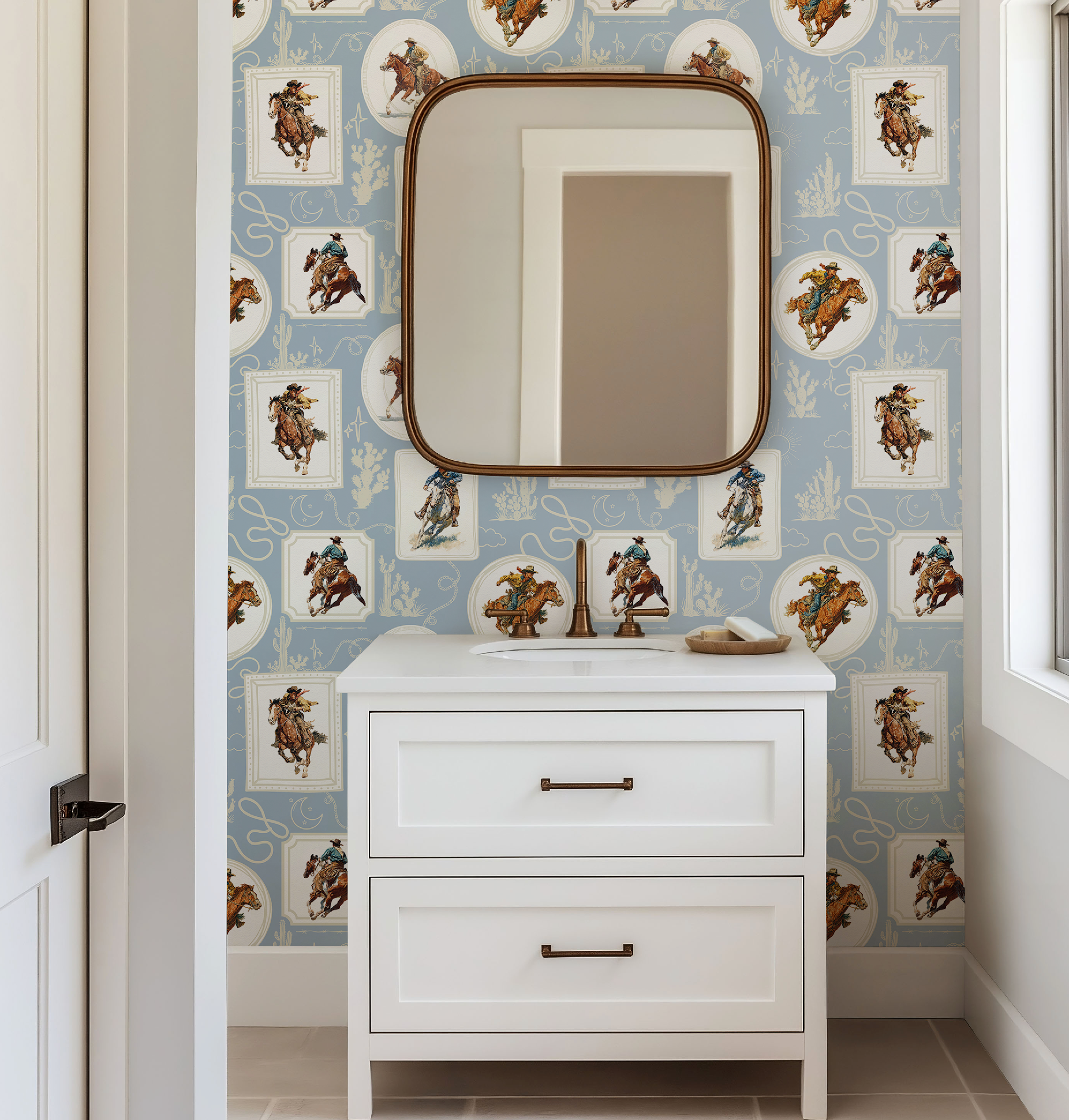 Cowboy Retro Wallpaper Print in Blue