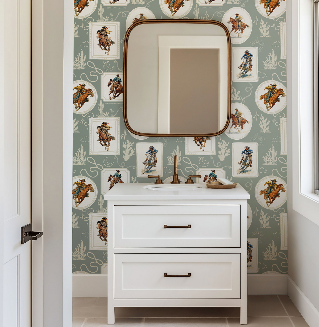 Cowboy Retro Wallpaper Print in Sage Green