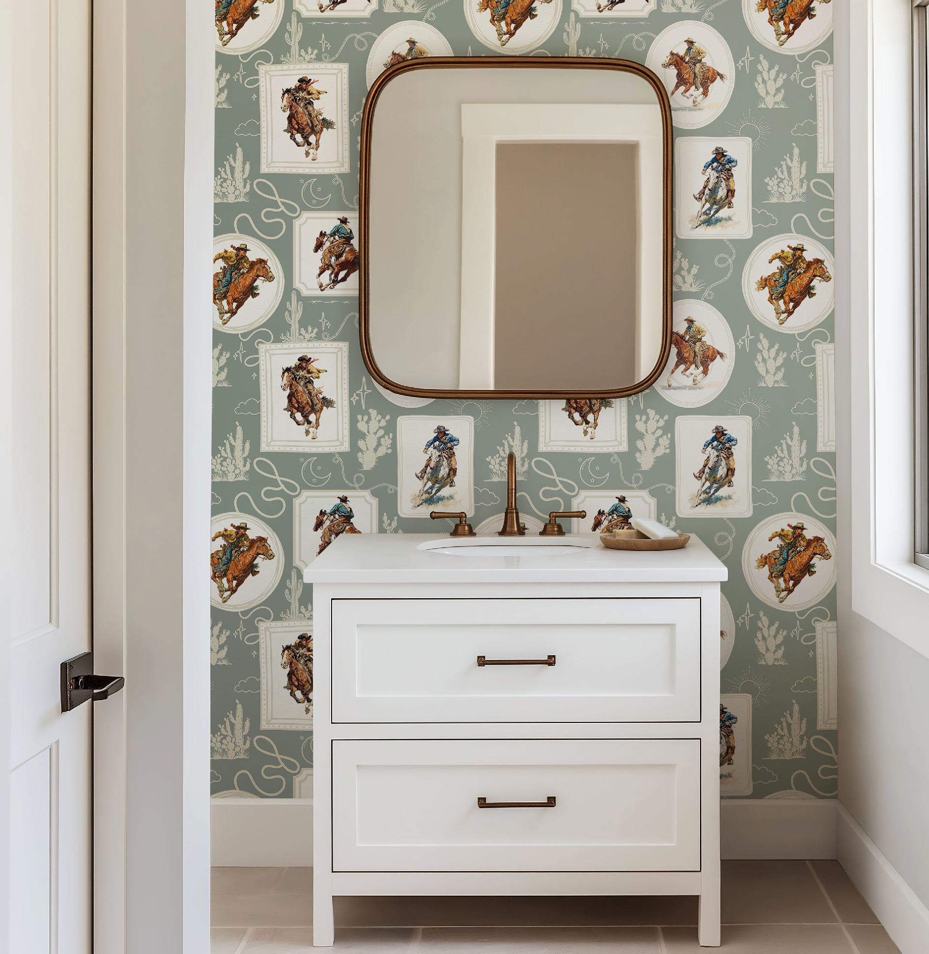 Cowboy Retro Wallpaper Print in Sage Green