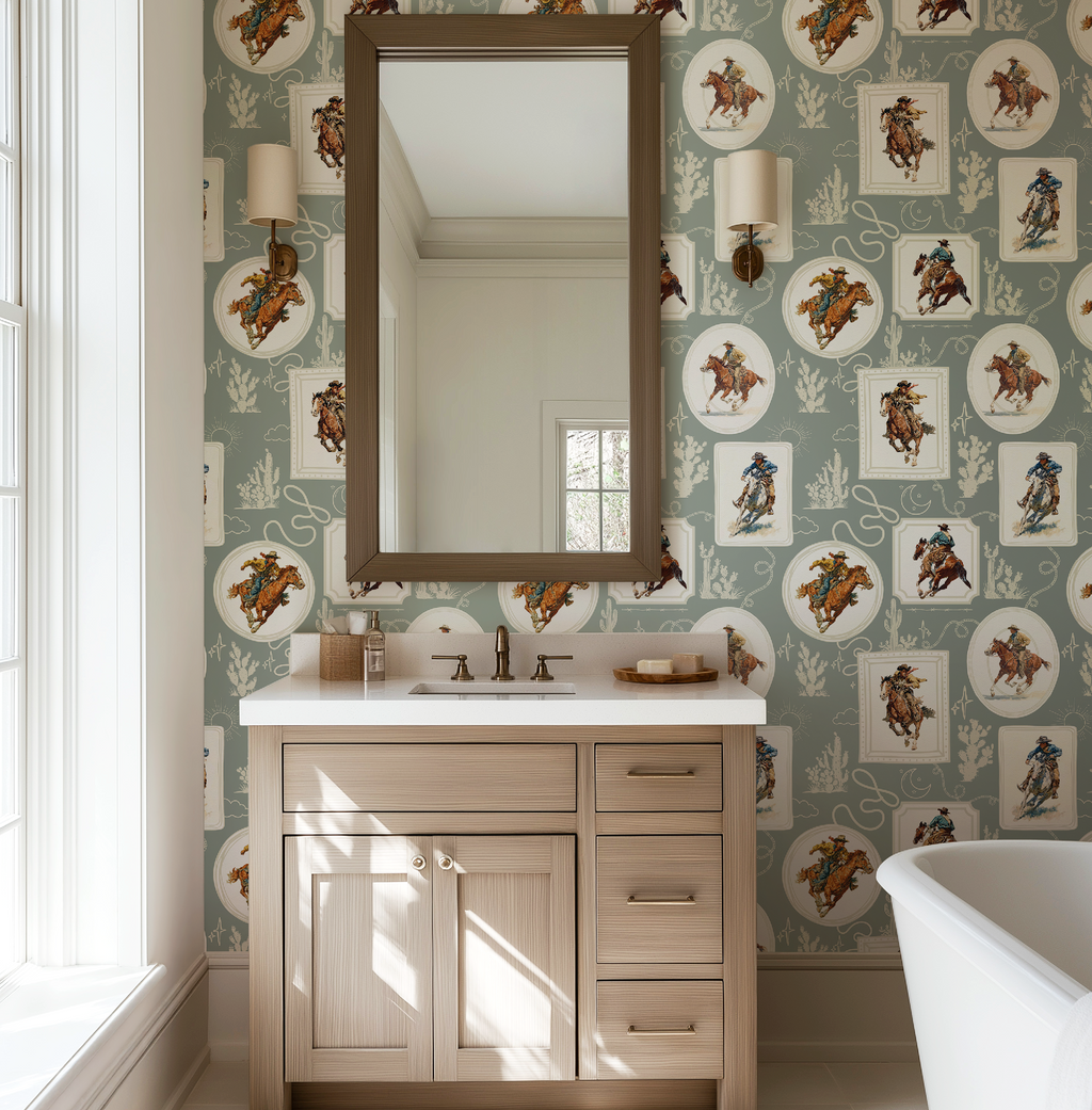 Cowboy Retro Wallpaper Print in Sage Green