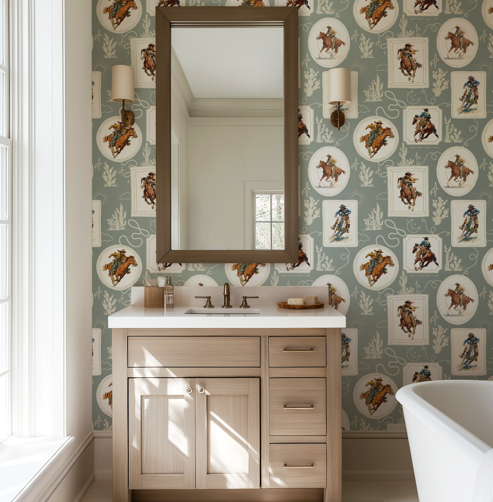 Cowboy Retro Wallpaper Print in Sage Green