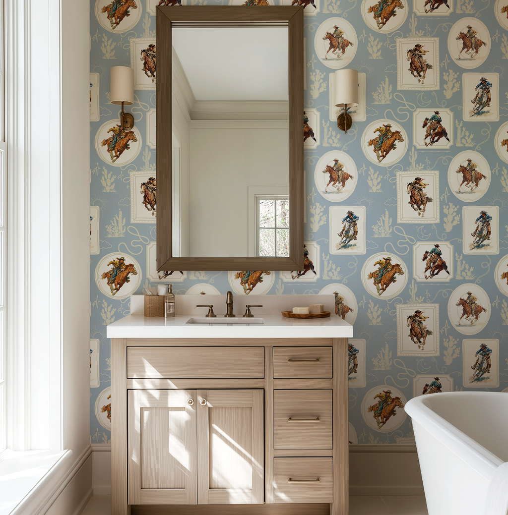 Cowboy Retro Wallpaper Print in Blue