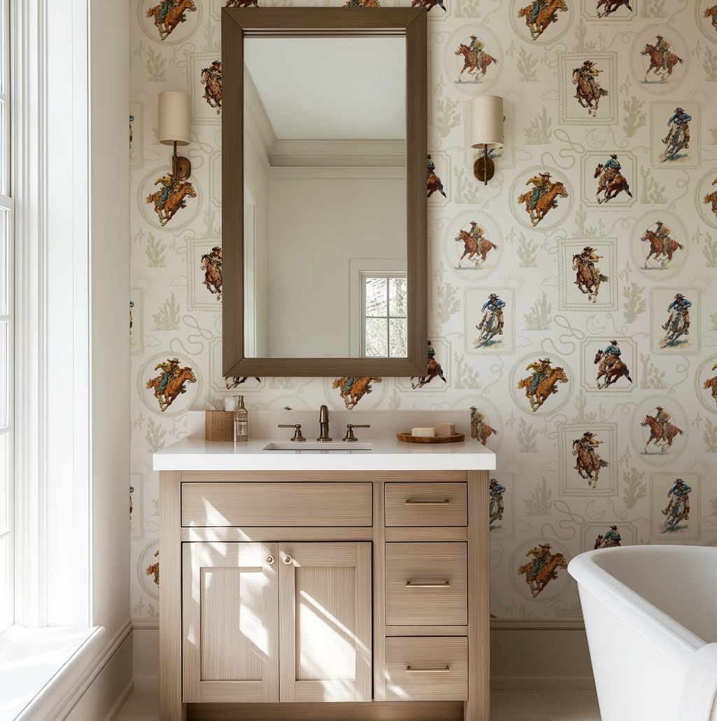 Cowboy Retro Wallpaper Print in White