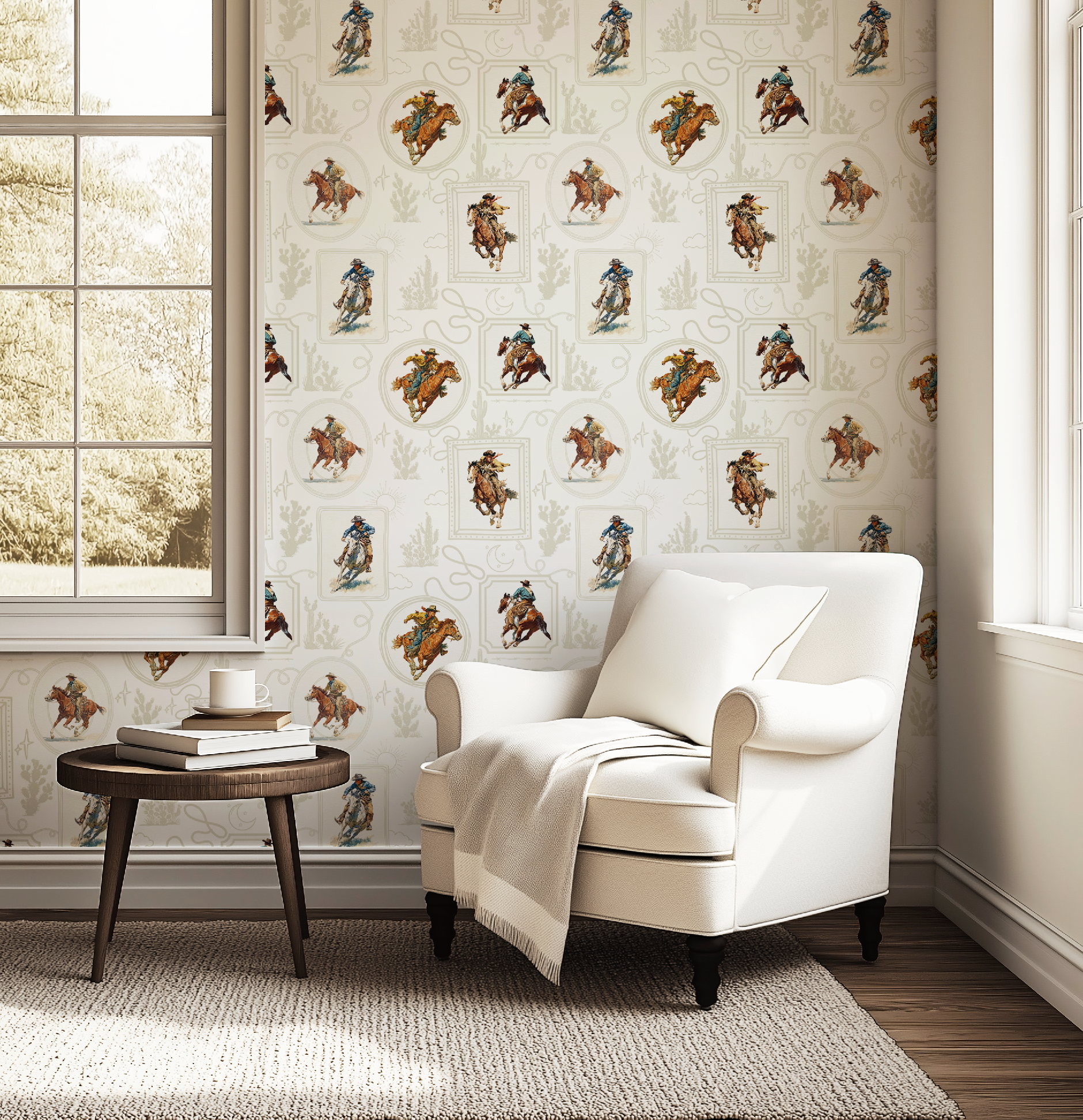 Cowboy Retro Wallpaper Print in White