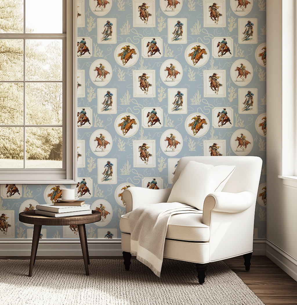 Cowboy Retro Wallpaper Print in Blue